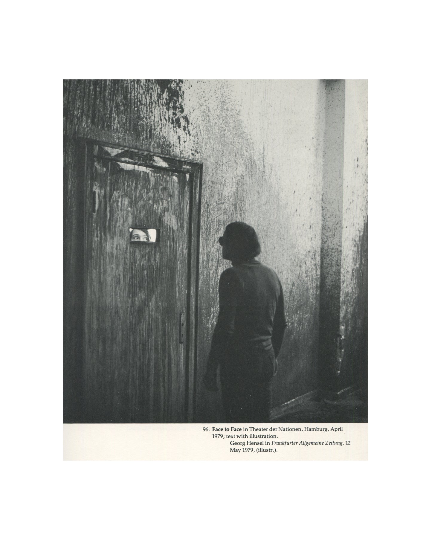 `Stuart Brisley — ICA, London, 1981 — interior page. Two black and white performance documentation photographs. Top: wrecked car body draped in cloth, positioned in a gallery or industrial space, doors open, debris on floor. Bottom: a woman in a slip dress seated on the bonnet of a paint-covered wrecked car, looking upward, legs and arms marked with white paint or plaster.`