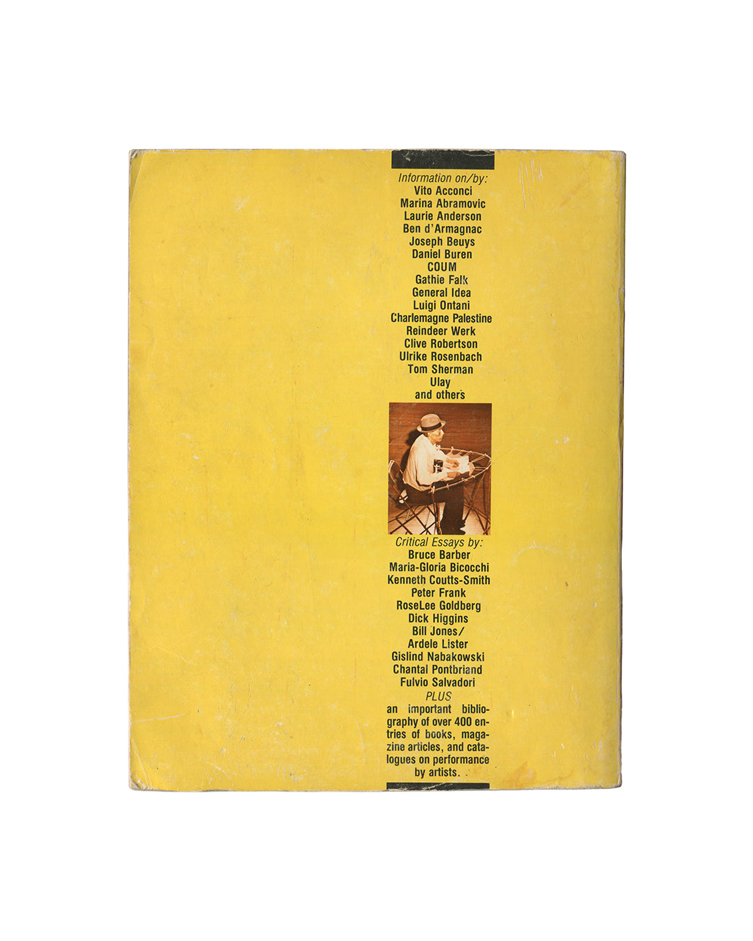 Reverse of 1979 Performance by Artists, Art Metropole. Plain white back cover with Art Metropole address, Toronto, and ISBN, showing light handling marks and edge wear consistent with period artist publication.