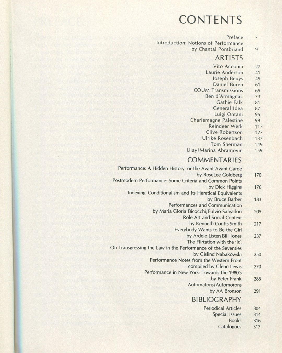 Interior contents page from 1979 Performance by Artists, Art Metropole. Full list of artists including Vito Acconci, Laurie Anderson, Joseph Beuys, Daniel Buren, COUM Transmissions, General Idea, Ulrike Rosenbach, Ulay/Marina Abramovic, and commentaries by RoseLee Goldberg, Dick Higgins, and others.