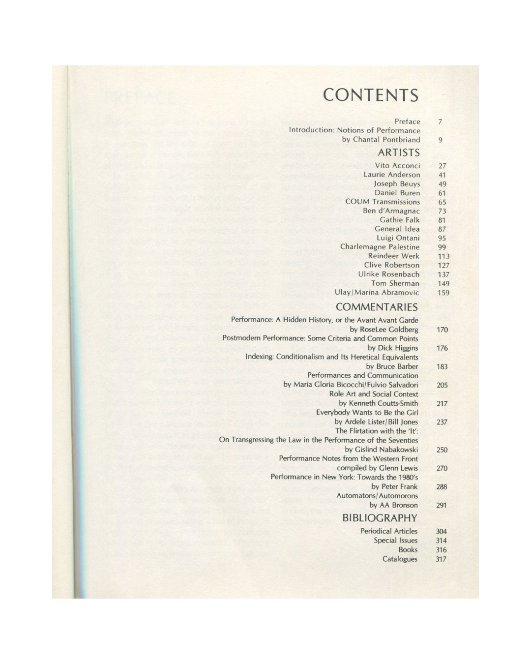 Interior contents page from 1979 Performance by Artists, Art Metropole. Full list of artists including Vito Acconci, Laurie Anderson, Joseph Beuys, Daniel Buren, COUM Transmissions, General Idea, Ulrike Rosenbach, Ulay/Marina Abramovic, and commentaries by RoseLee Goldberg, Dick Higgins, and others.