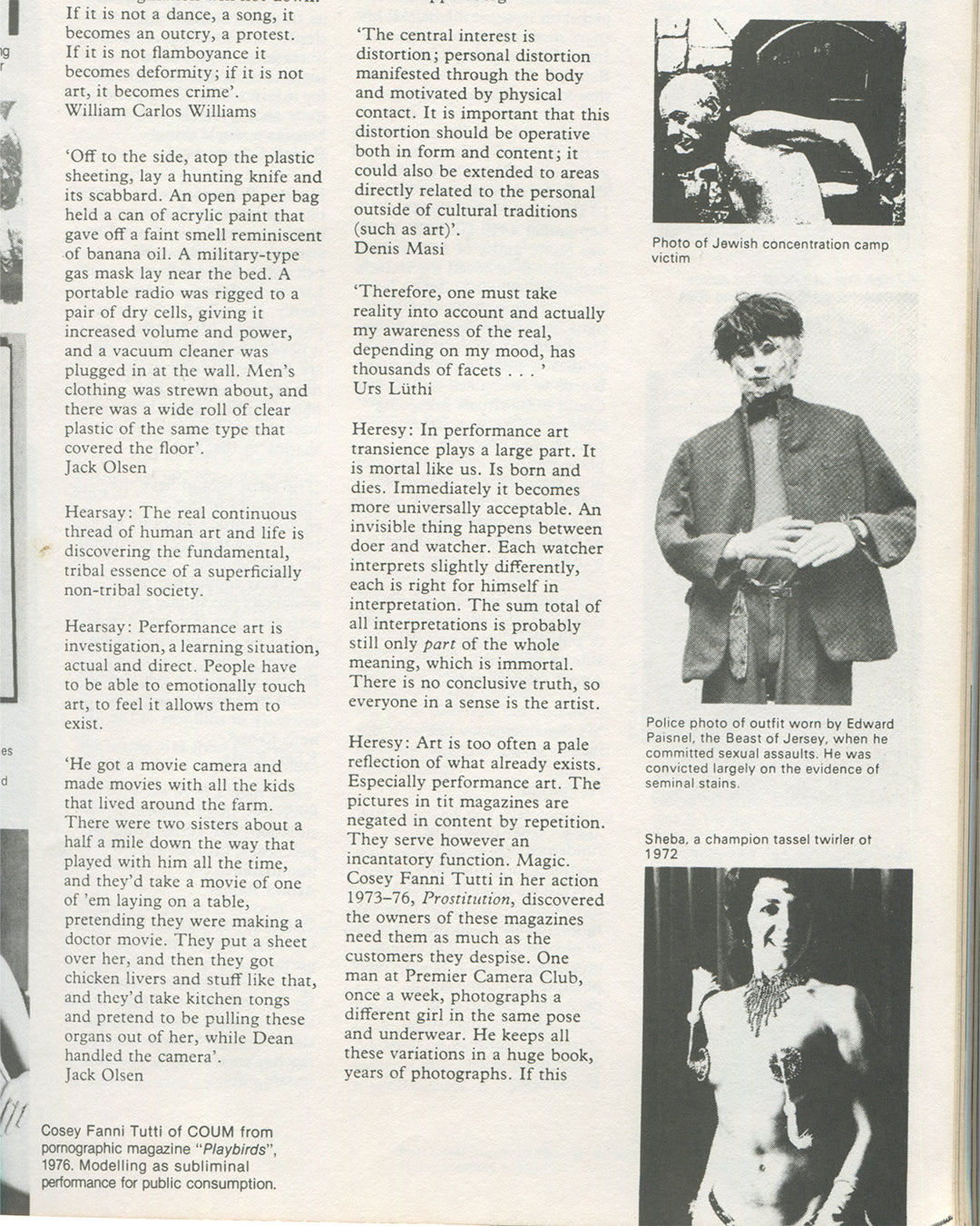 Interior spread from 1979 Performance by Artists, Art Metropole. COUM Transmissions section showing Cosey Fanni Tutti in Playbirds magazine, 1976, alongside text on performance, transgression, and body art, with captioned photographs including a police photo and a concentration camp image.