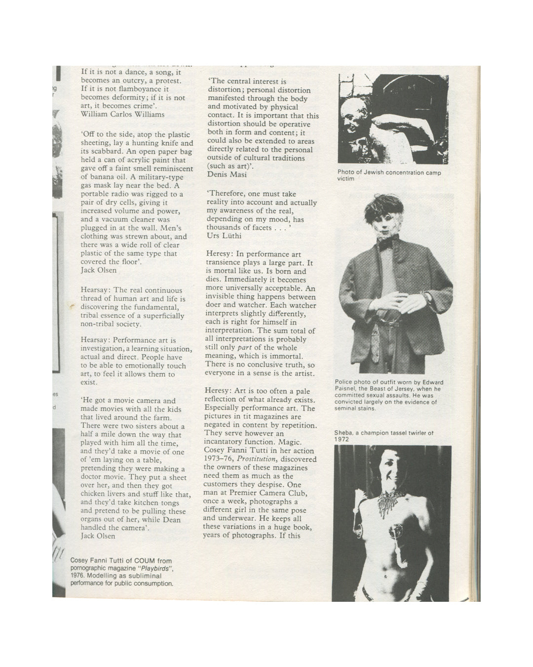 Interior spread from 1979 Performance by Artists, Art Metropole. COUM Transmissions section showing Cosey Fanni Tutti in Playbirds magazine, 1976, alongside text on performance, transgression, and body art, with captioned photographs including a police photo and a concentration camp image.