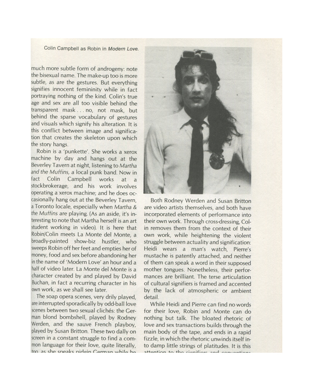 Interior spread from 1979 Performance by Artists, Art Metropole. Colin Campbell as Robin in Modern Love, showing a black-and-white photograph of a figure with long hair and tie, alongside extended critical text on video performance, cross-dressing, and signification.