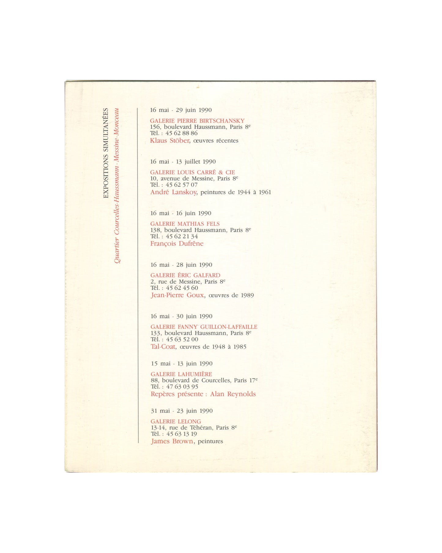 Original 1990 James Brown exhibition booklet reverse showing “Expositions Simultanées” listings for Paris galleries and concurrent exhibitions by François Dufrêne, André Lanskoy, Tal-Coat, Alan Reynolds, and others.