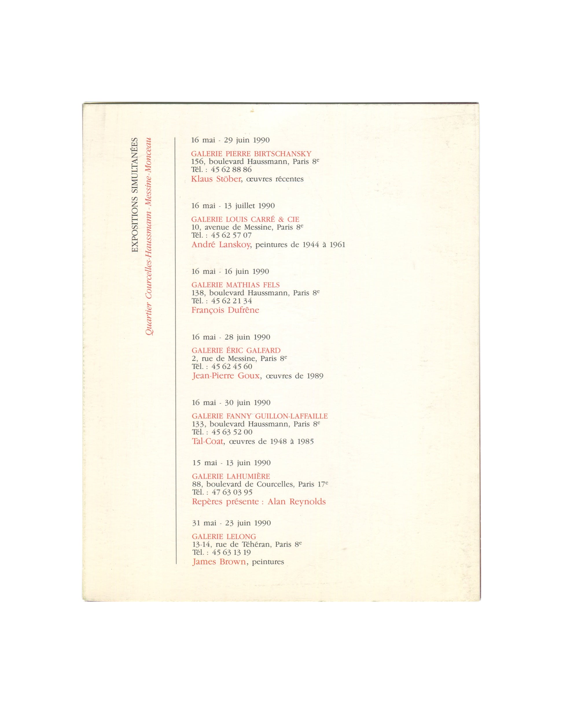 Original 1990 James Brown exhibition booklet reverse showing “Expositions Simultanées” listings for Paris galleries and concurrent exhibitions by François Dufrêne, André Lanskoy, Tal-Coat, Alan Reynolds, and others.
