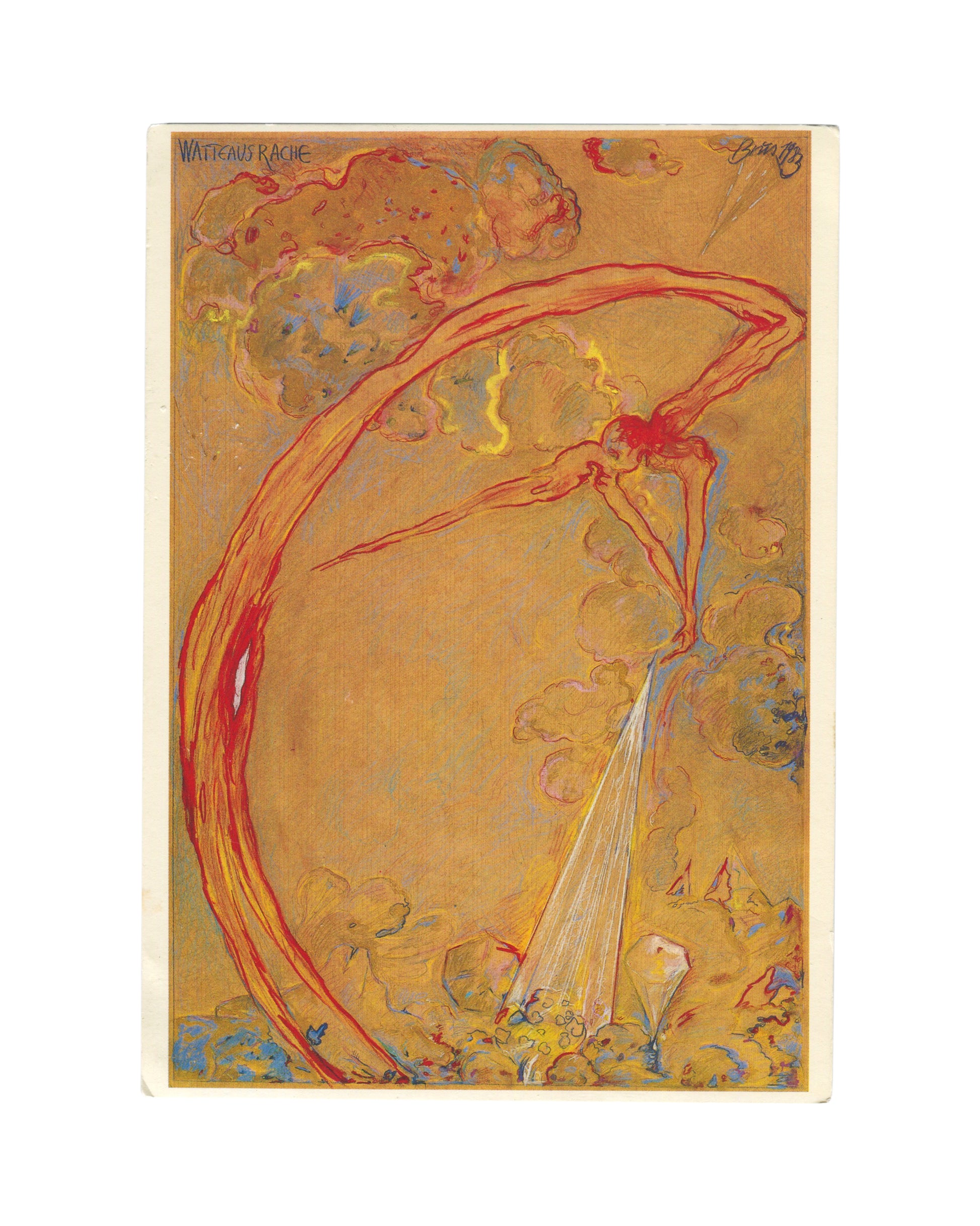 1987 Günter Brus invitation card, Centre Georges Pompidou. Colour reproduction of La vengeance de Watteau (1983): contorted red-outlined figure arcing across amber-gold ground with cascading white form below.