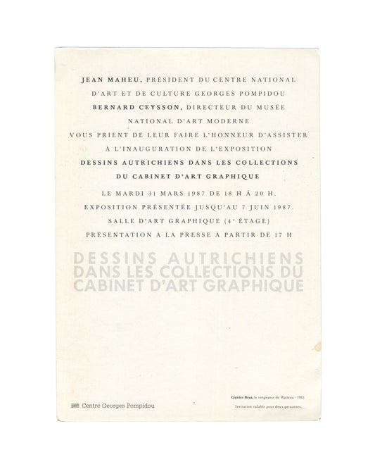 Reverse of 1987 Günter Brus Dessins Autrichiens Pompidou invitation. Cream stock, centred institutional text, grey watermark title, Pompidou logo, caption noting La vengeance de Watteau 1983.