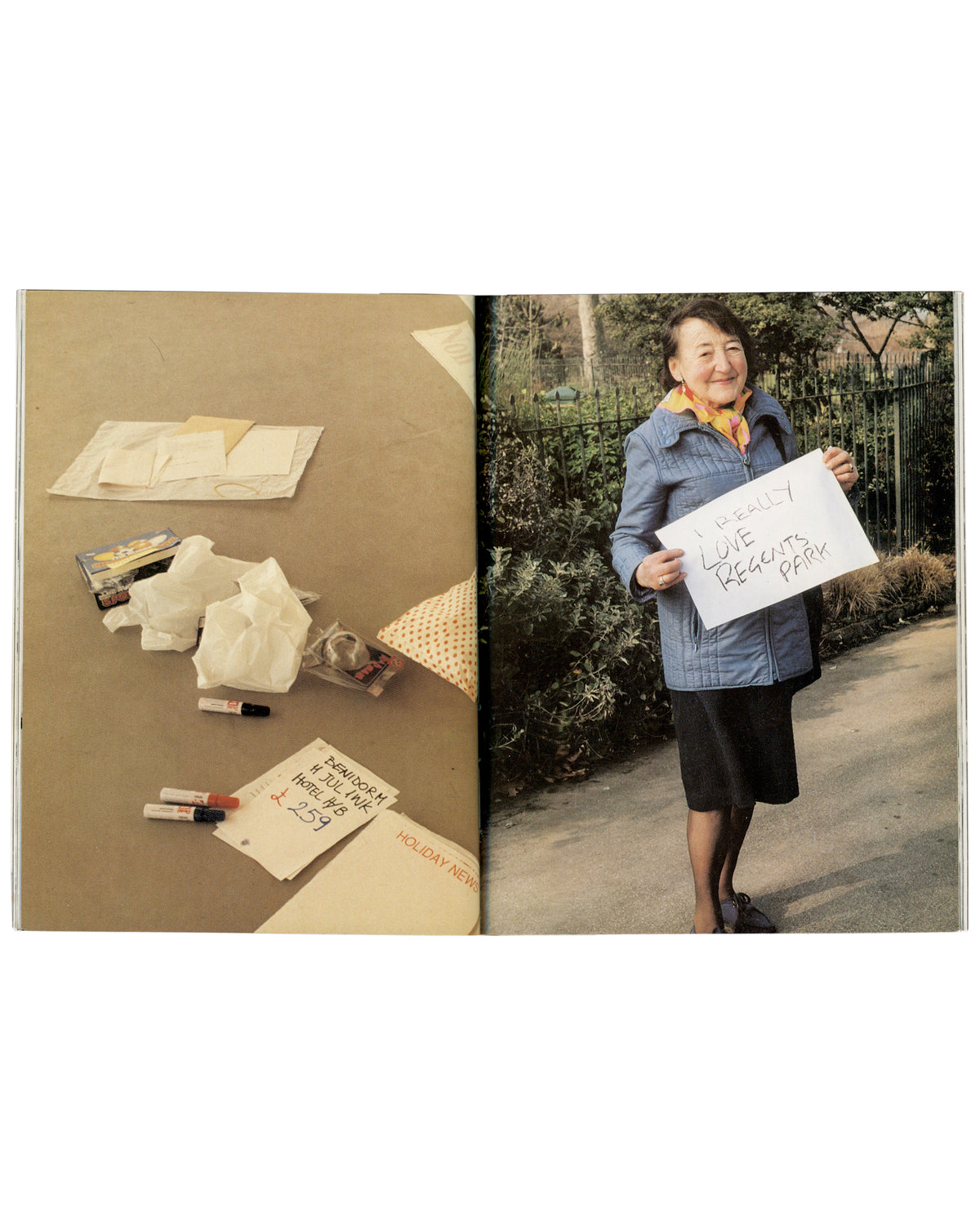 Gillian Wearing, Signs that say what you want them to say, 1992–93, and Candy Jernigan Holiday News spread, Instructions