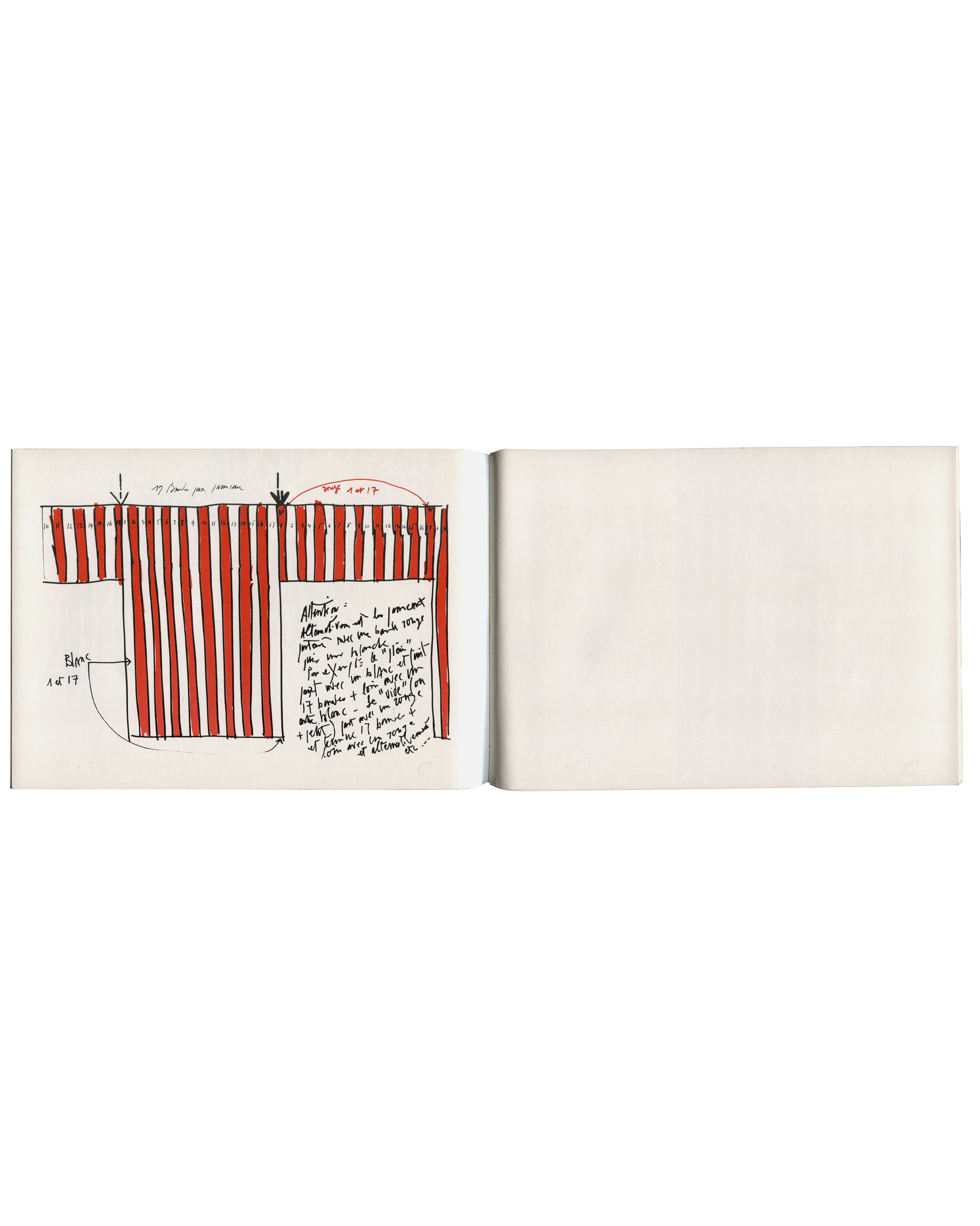 Daniel Buren, Sketches for a Work in Situ, 1987, red-and-white stripe working drawing, Blanc 1 of 17, handwritten annotations