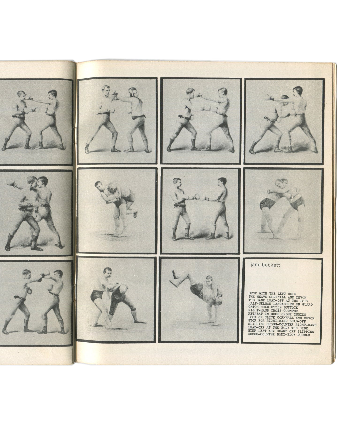 Interior spread from 1964 Arcade No. 1, William Burroughs Special. Page by Jane Beckett showing a grid of twelve black-and-white Victorian-era boxing and wrestling instruction photographs, with a column of technical move names in small type at lower right.