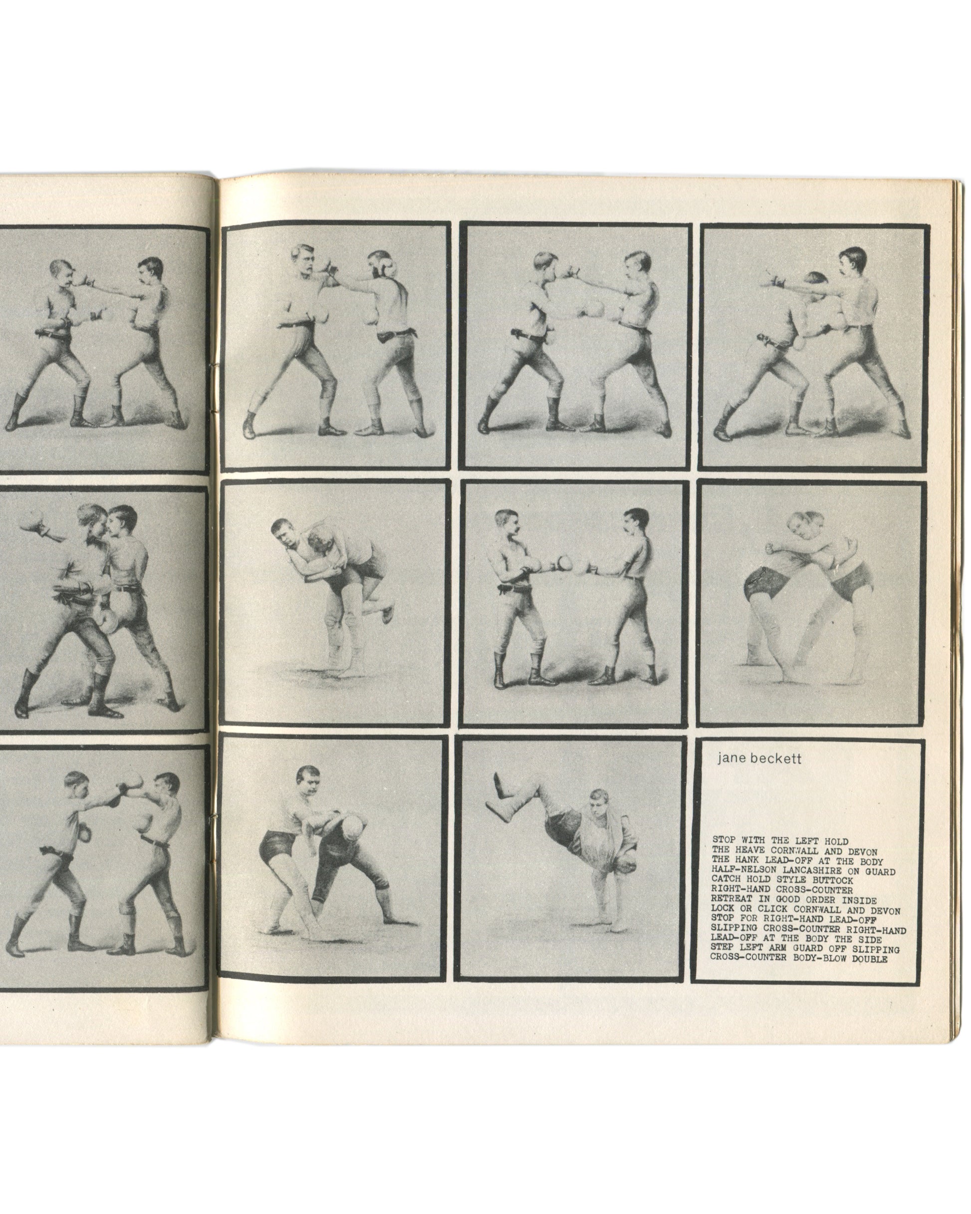 Interior spread from 1964 Arcade No. 1, William Burroughs Special. Page by Jane Beckett showing a grid of twelve black-and-white Victorian-era boxing and wrestling instruction photographs, with a column of technical move names in small type at lower right.