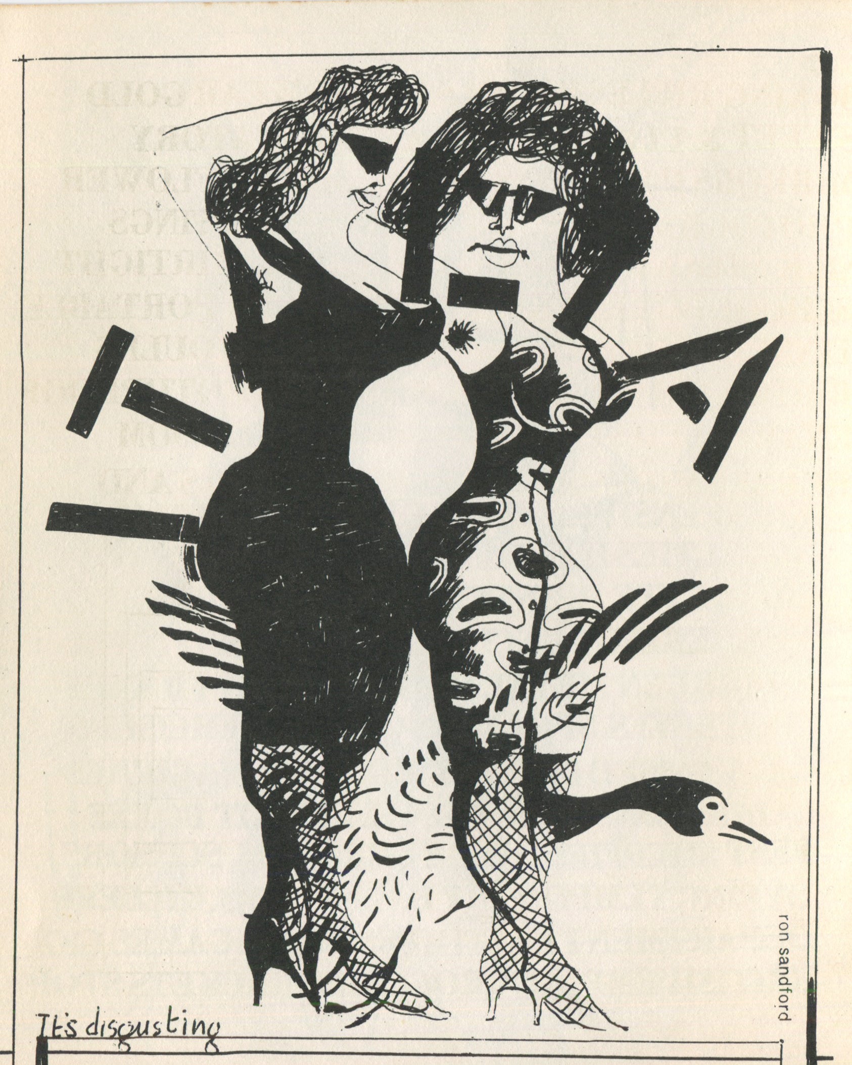 Interior page from 1964 Arcade No. 1, William Burroughs Special. Full-page ink drawing by Ron Sandford showing two stylised female figures in bold black line, one in a black dress and one in a patterned bodysuit, with a bird at their feet and the caption 'It's disgusting' at the foot of the page.