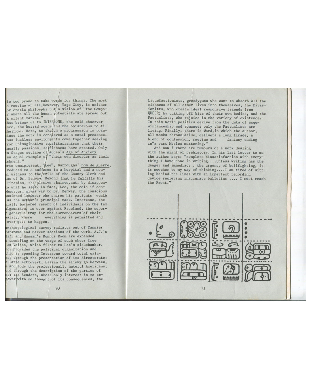 Interior spread from 1973 William S. Burroughs White Subway, Aloes Books, pages 70–71. Left page showing dense typewritten prose describing Interzone, Hassan, and the Factualists. Right page continuing the text alongside a grid of abstract glyphic symbols arranged in a 4×3 formation, resembling cut-up or found imagery.