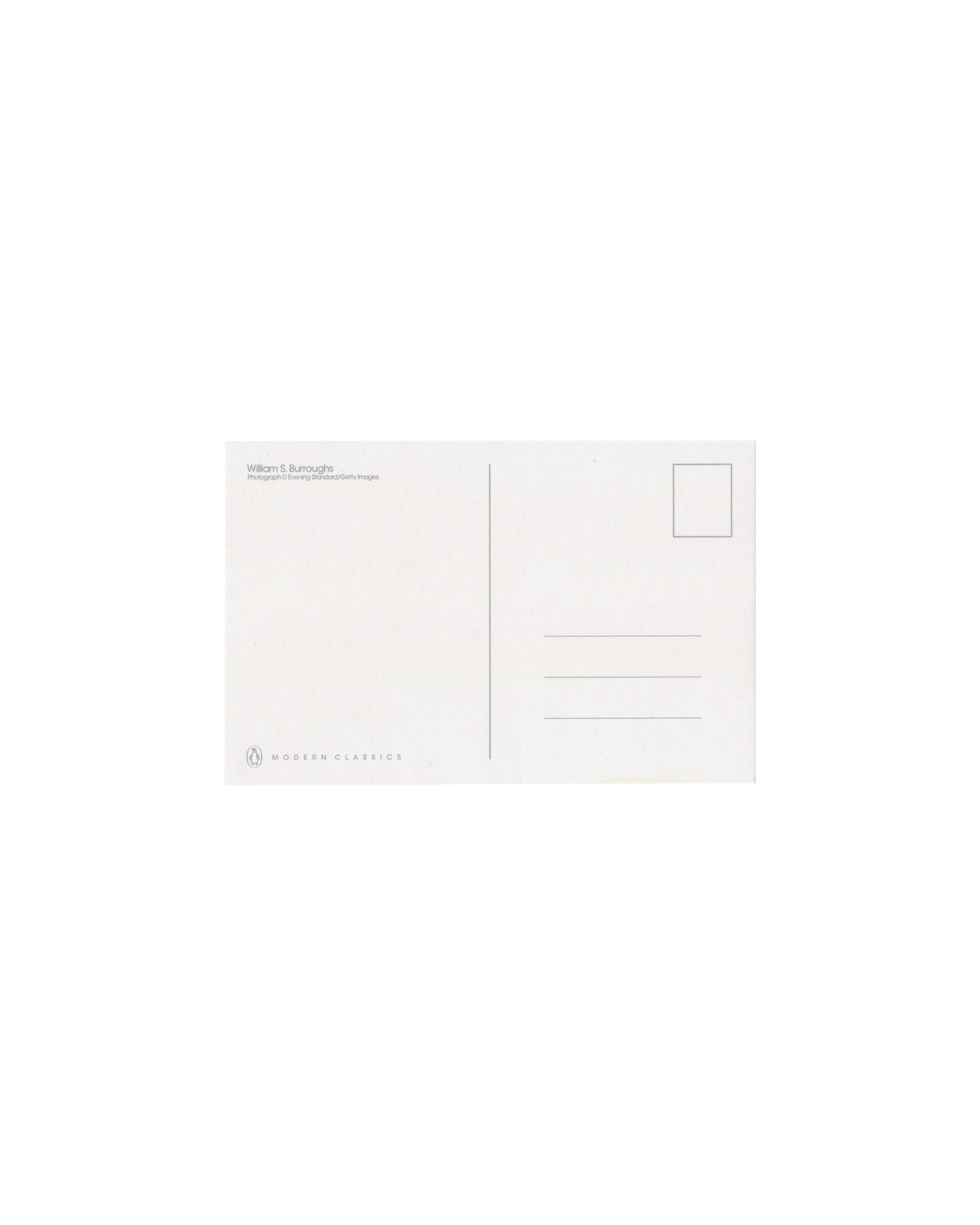  William S. Burroughs, postcard format, credit, Evening Standard / Getty Images, Penguin Modern Classics mark