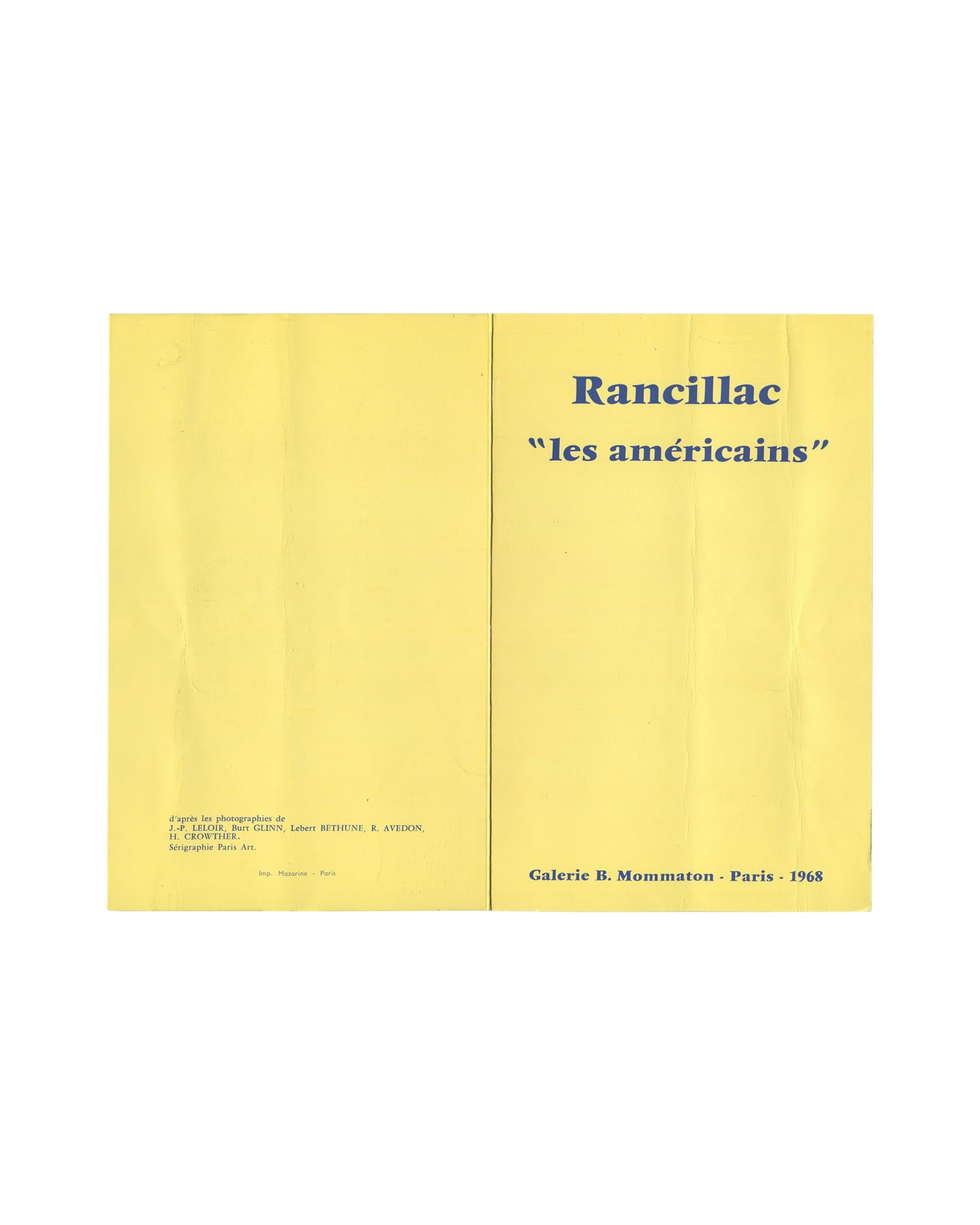 BERNARD RANCILLAC — Les Américains, Annotated Exhibition Handout, Galerie Mommaton, Paris, 1968