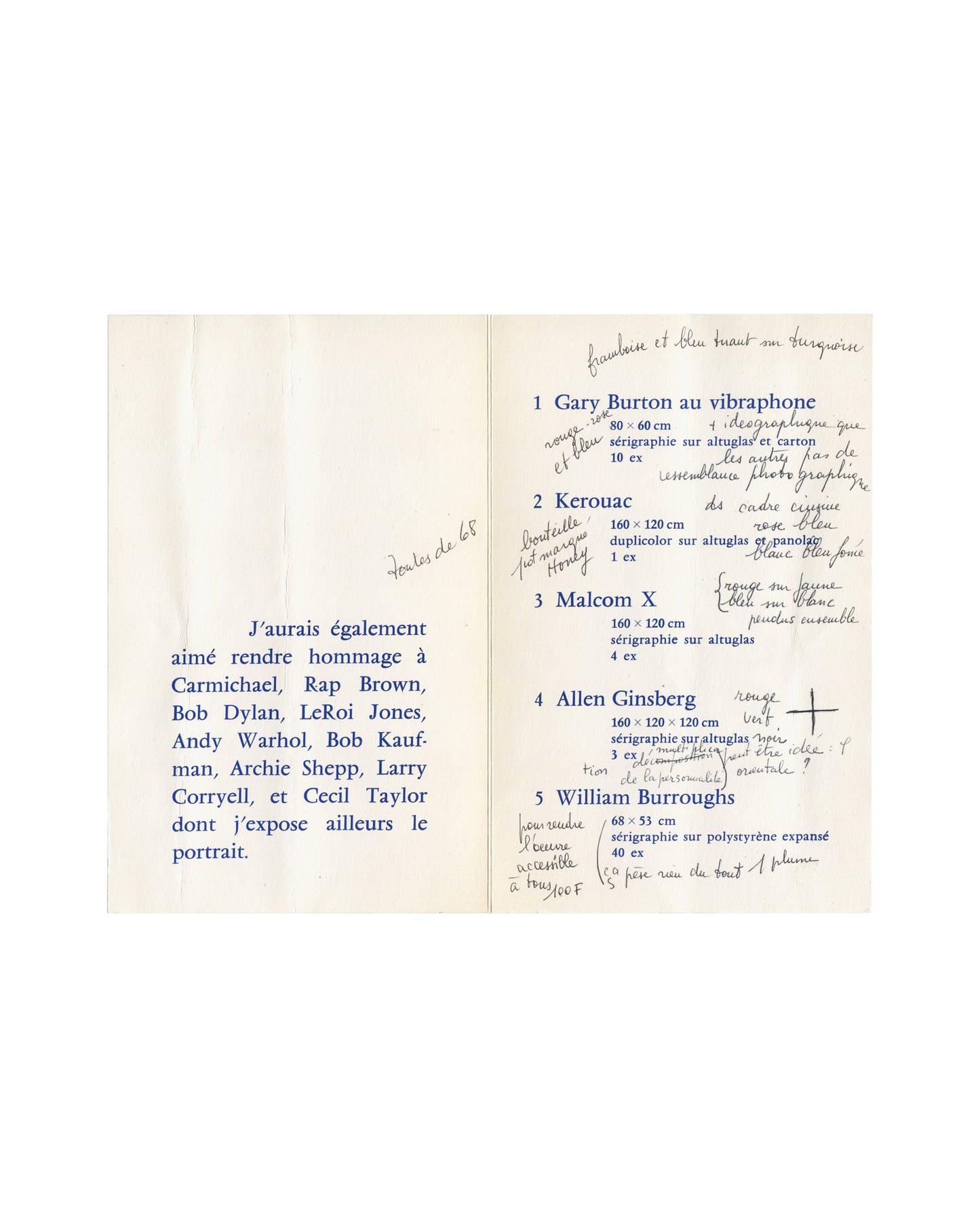 BERNARD RANCILLAC — Les Américains, Annotated Exhibition Handout, Galerie Mommaton, Paris, 1968