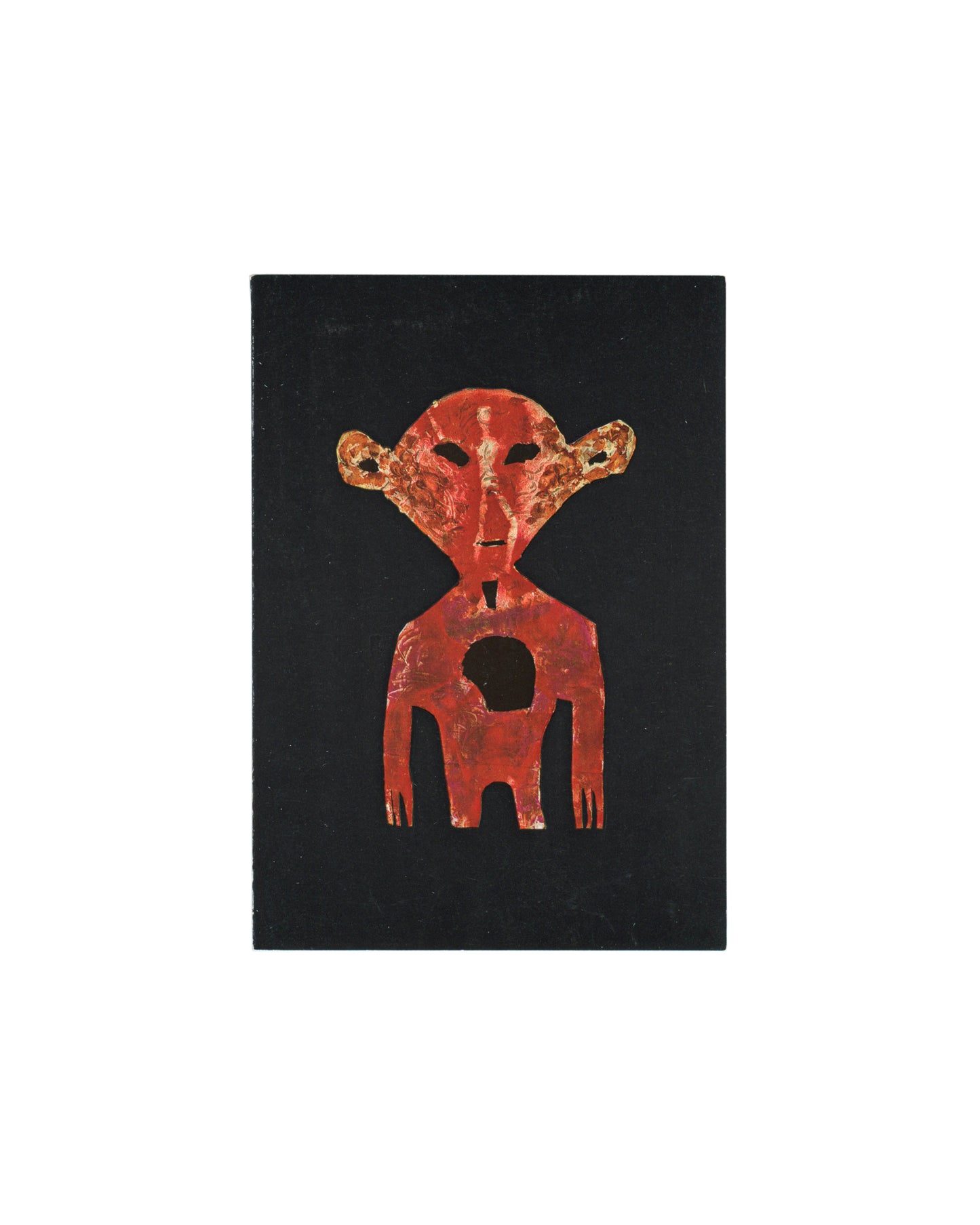 William S. Burroughs: Painting, The October Gallery, London, 1992. Exhibition invitation front cover: solid black card with colour reproduction of Burroughs painting — red-orange totemic figure with rounded head, hollow eyes, wide ears and a circular void in the torso, standing on short forked legs against a black ground. Produced by Lococo · Mulder · New York City. Time Out London "Supported by" sticker lower left. Portrait format.
