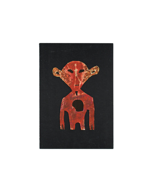 William S. Burroughs: Painting, The October Gallery, London, 1992. Exhibition invitation front cover: solid black card with colour reproduction of Burroughs painting — red-orange totemic figure with rounded head, hollow eyes, wide ears and a circular void in the torso, standing on short forked legs against a black ground. Produced by Lococo · Mulder · New York City. Time Out London "Supported by" sticker lower left. Portrait format.