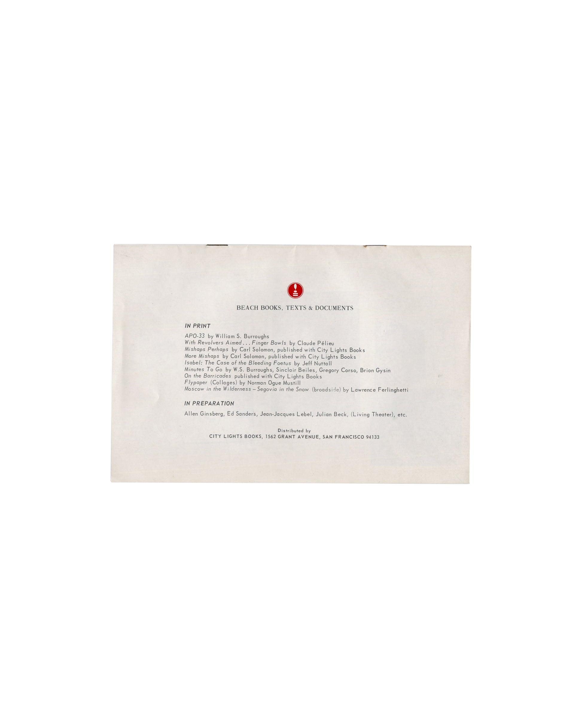 Back wrapper: Beach Books Texts & Documents catalogue, City Lights distribution, San Francisco, 1967