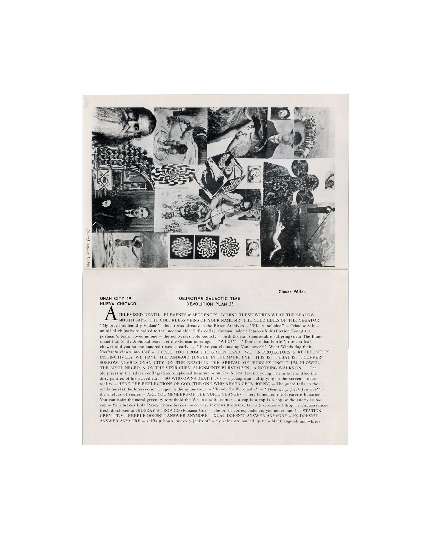 Interior: Claude Pélieu photo-collage above, Objective Galactic Time Demolition Plan 23 text below, 1967