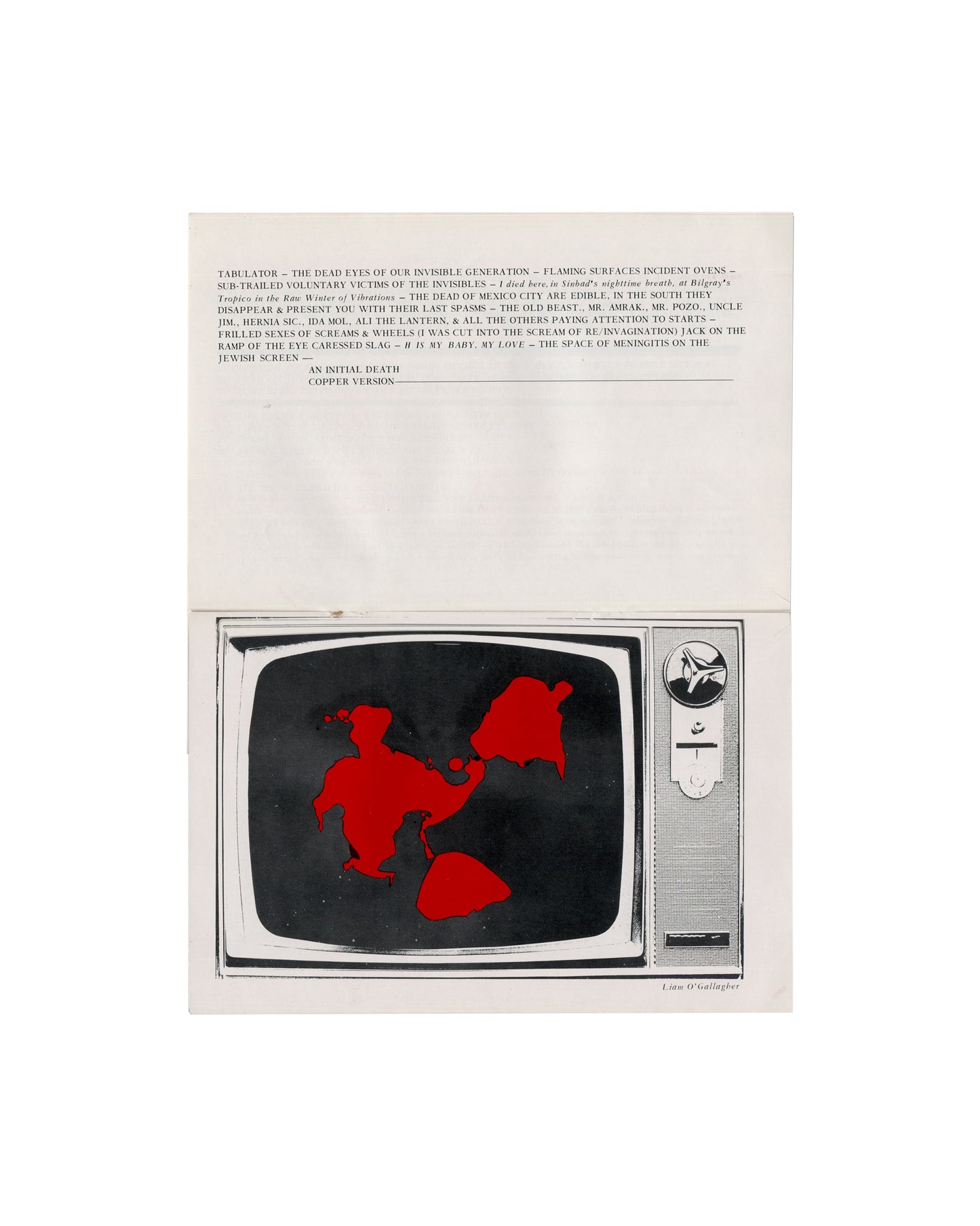  Interior: An Initial Death Copper Version cut-up text above, Liam O'Gallagher TV set with red figures below, 1967 