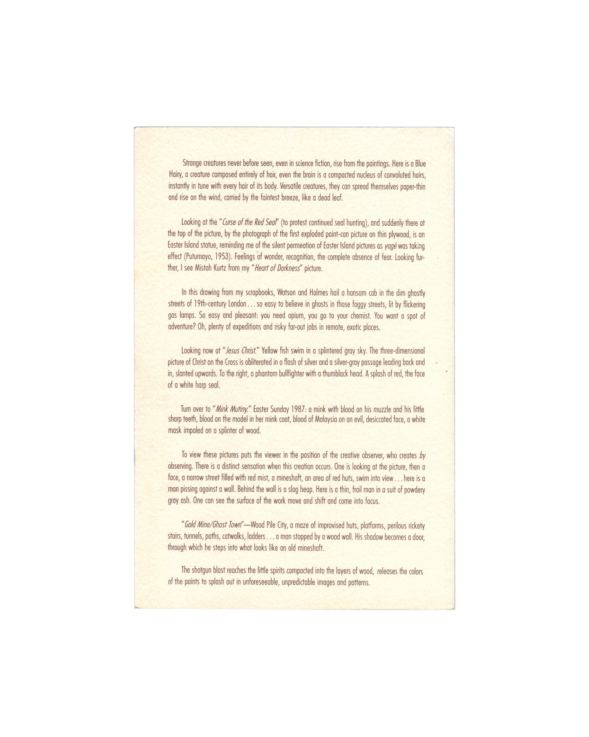 Exhibition catalogue reverse, William S. Burroughs, Tony Shafrazi Gallery, New York, 1988. Back panel: Burroughs’ essay ‘Entrance to the Museum of Lost Species’, 1987, set in small serif type on cream stock. Text describes shotgun paintings as strange creatures and specimens. Light age toning consistent with period storage.