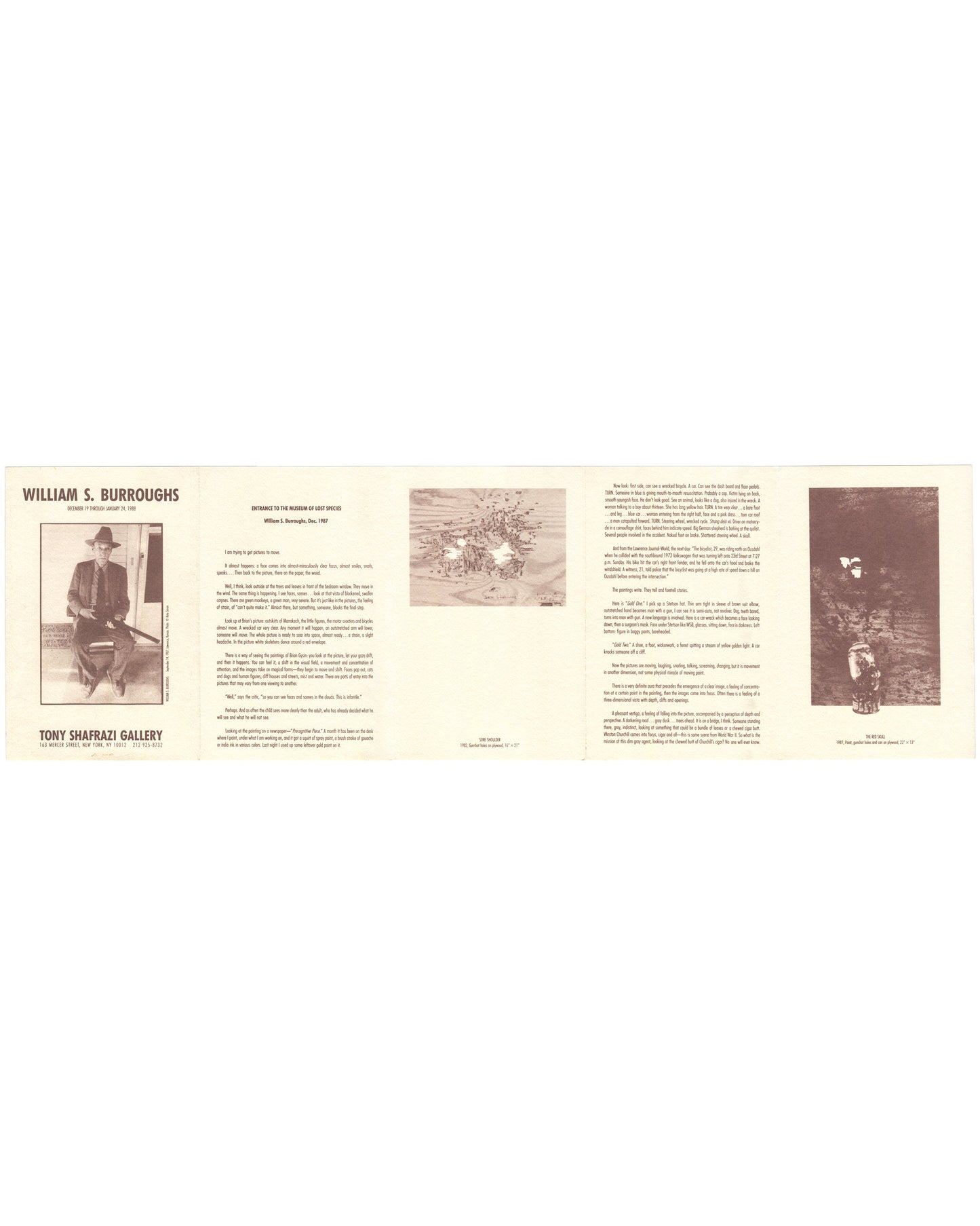 Exhibition catalogue unfolded interior, William S. Burroughs, Tony Shafrazi Gallery, New York, 1988. Full spread showing cover panel with Kate Simon photograph, essay ‘Entrance to the Museum of Lost Species’, sepia reproductions of paintings, and exhibition checklist. Tony Shafrazi Gallery address and dates visible at lower left.