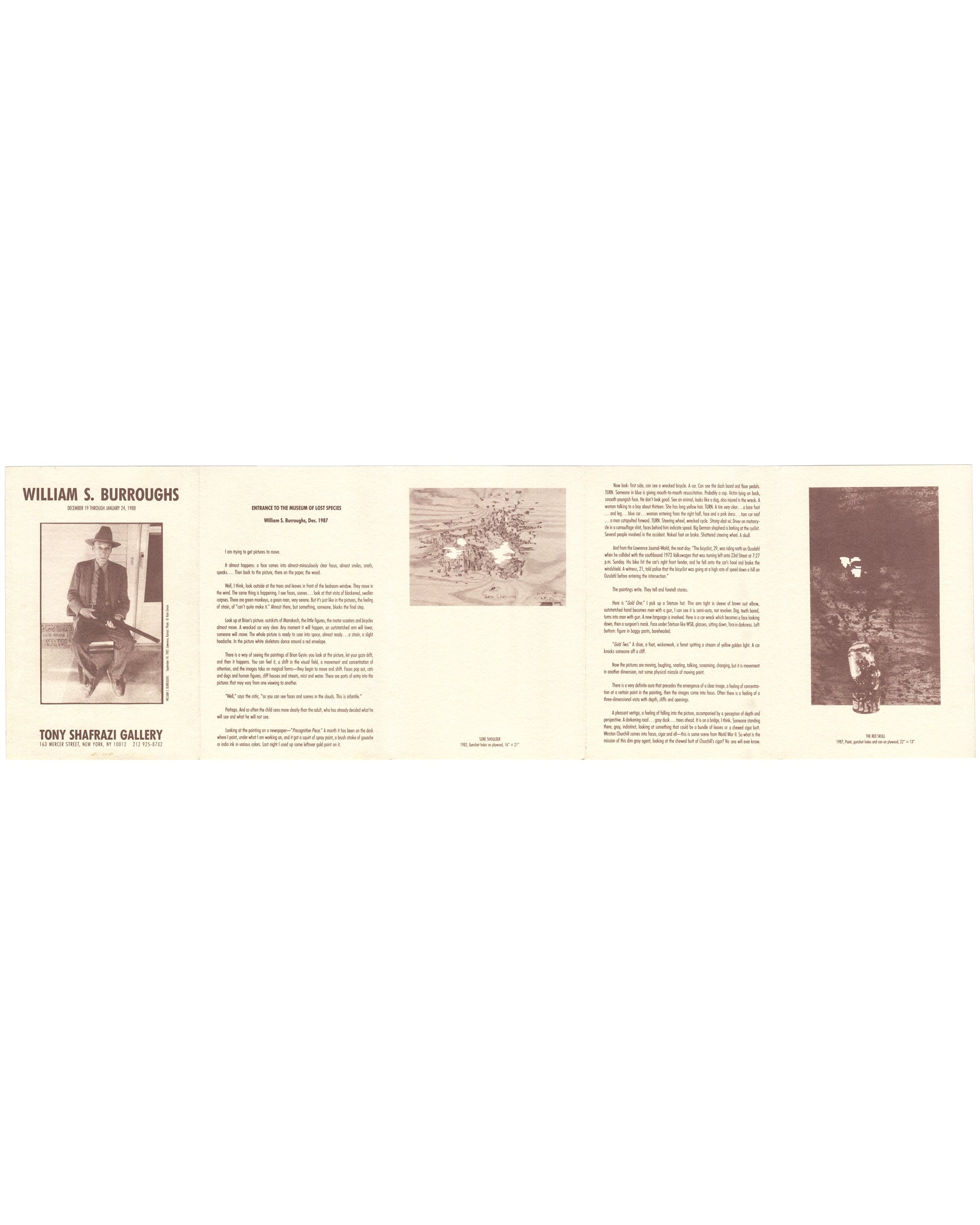 Exhibition catalogue unfolded interior, William S. Burroughs, Tony Shafrazi Gallery, New York, 1988. Full spread showing cover panel with Kate Simon photograph, essay ‘Entrance to the Museum of Lost Species’, sepia reproductions of paintings, and exhibition checklist. Tony Shafrazi Gallery address and dates visible at lower left.