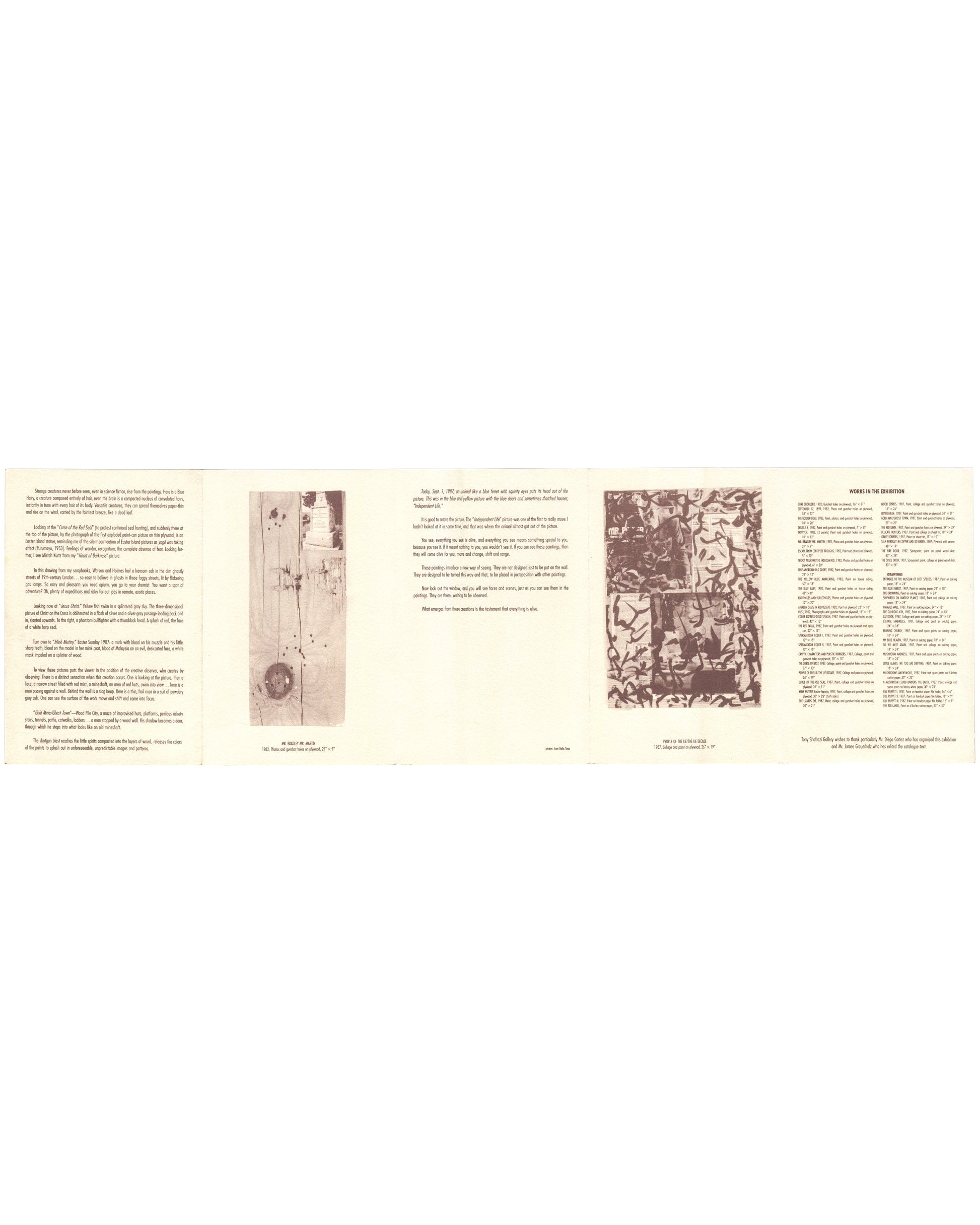 Exhibition catalogue unfolded, William S. Burroughs, Tony Shafrazi Gallery, New York, 1988. Full spread, 73.5 × 22 cm: essay text columns, sepia reproductions of shotgun paintings including ‘No Buest Be White’ and ‘Untitled’, and formal works checklist at far right. Offset printed on cream textured stock.