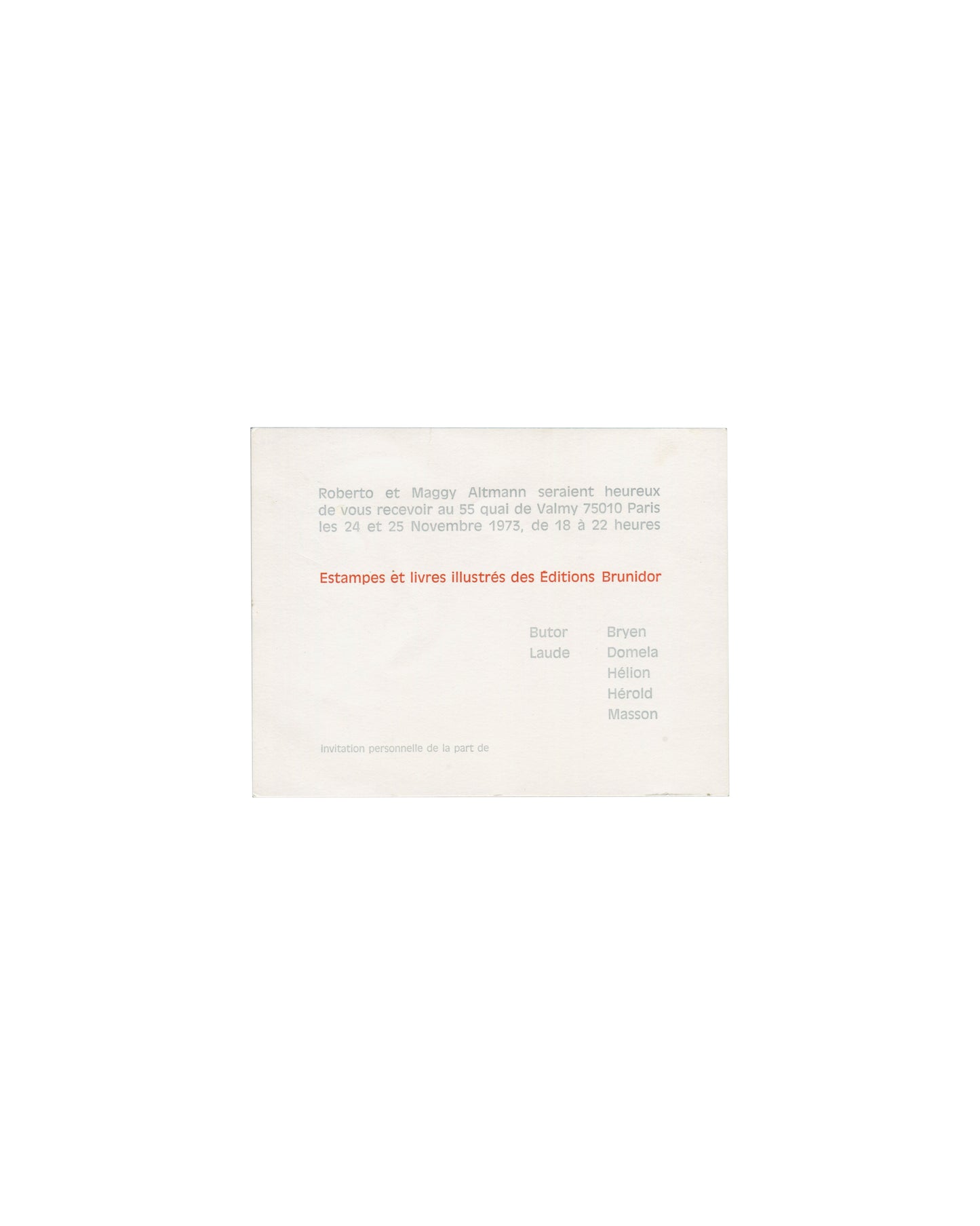 Éditions Brunidor invitation, 1973, grey and red typography, Butor, Laude, Bryen, Domela, Hélion, Hérold, Masson 
