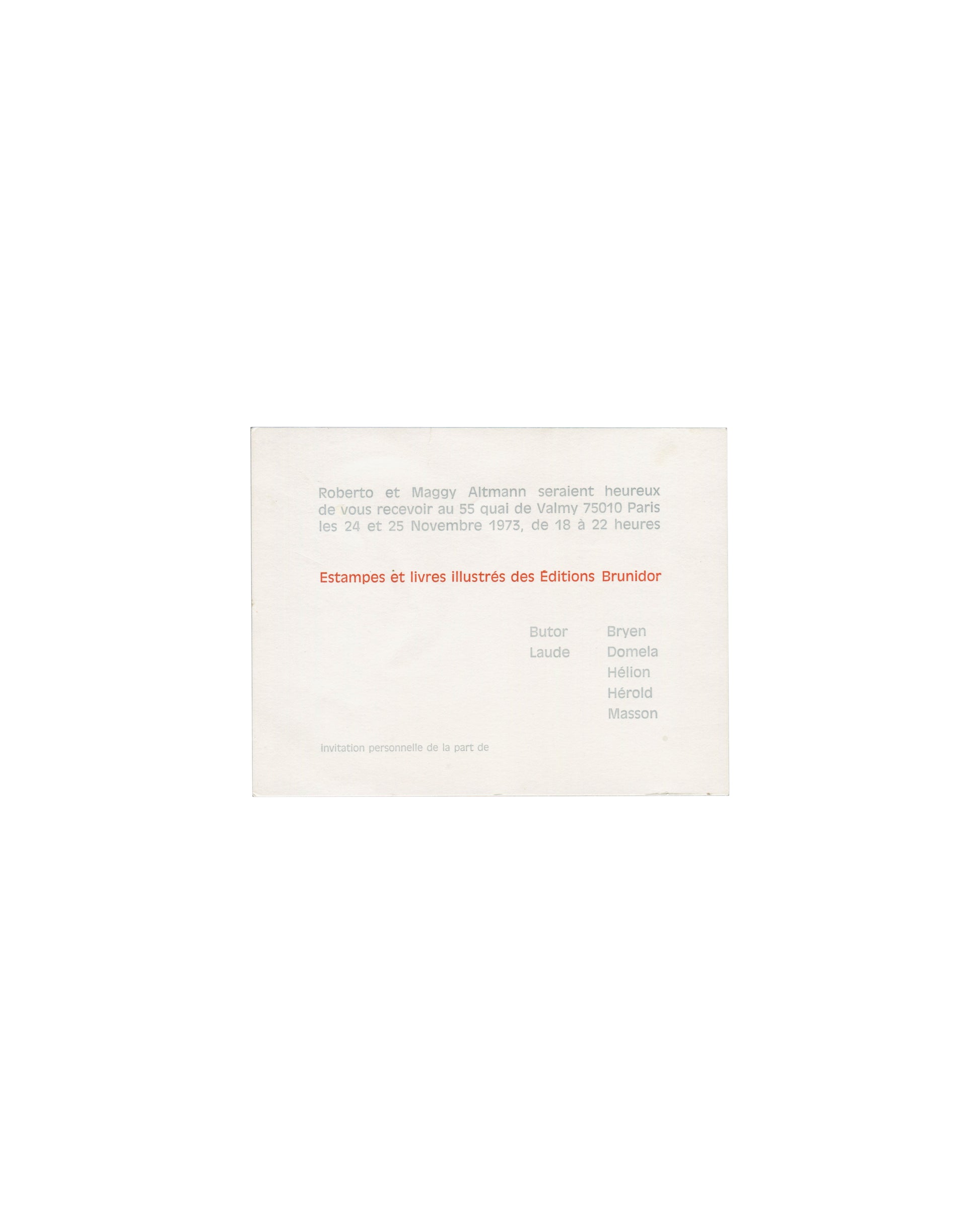 Éditions Brunidor invitation, 1973, grey and red typography, Butor, Laude, Bryen, Domela, Hélion, Hérold, Masson 