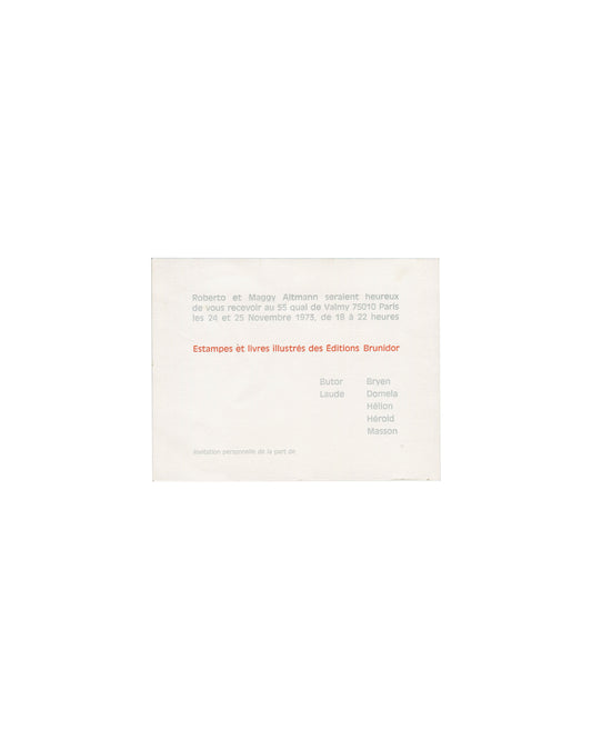 Éditions Brunidor invitation, 1973, grey and red typography, Butor, Laude, Bryen, Domela, Hélion, Hérold, Masson 