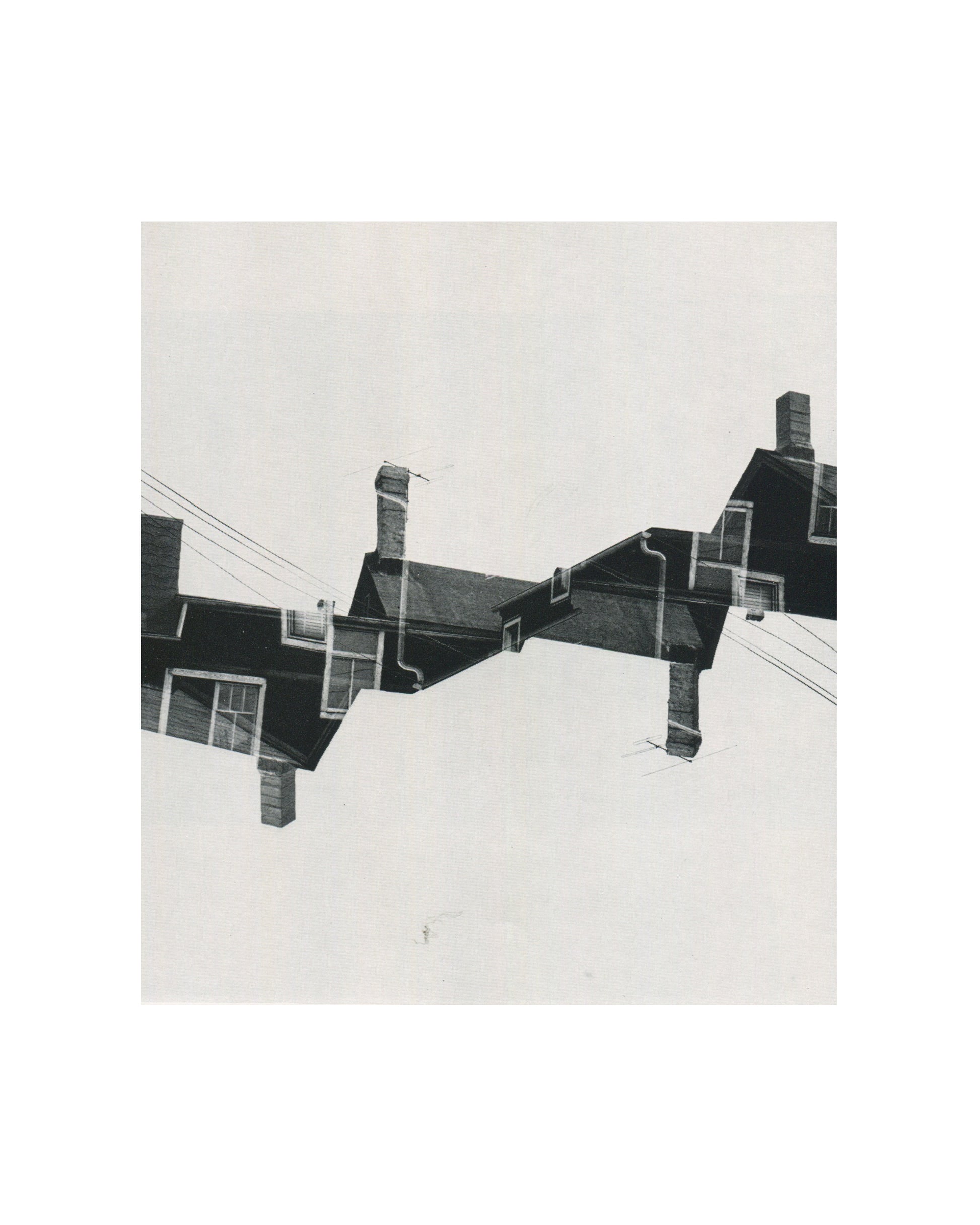 Interior page from 1967 Harry Callahan, Museum of Modern Art. Black-and-white multiple-exposure photograph of Chicago rooftops and chimneys, the image doubled and overlaid so that two rows of dark pitched roofs, windows, and telegraph wires intersect diagonally across a pale grey sky, creating a graphic zigzag of architectural form.