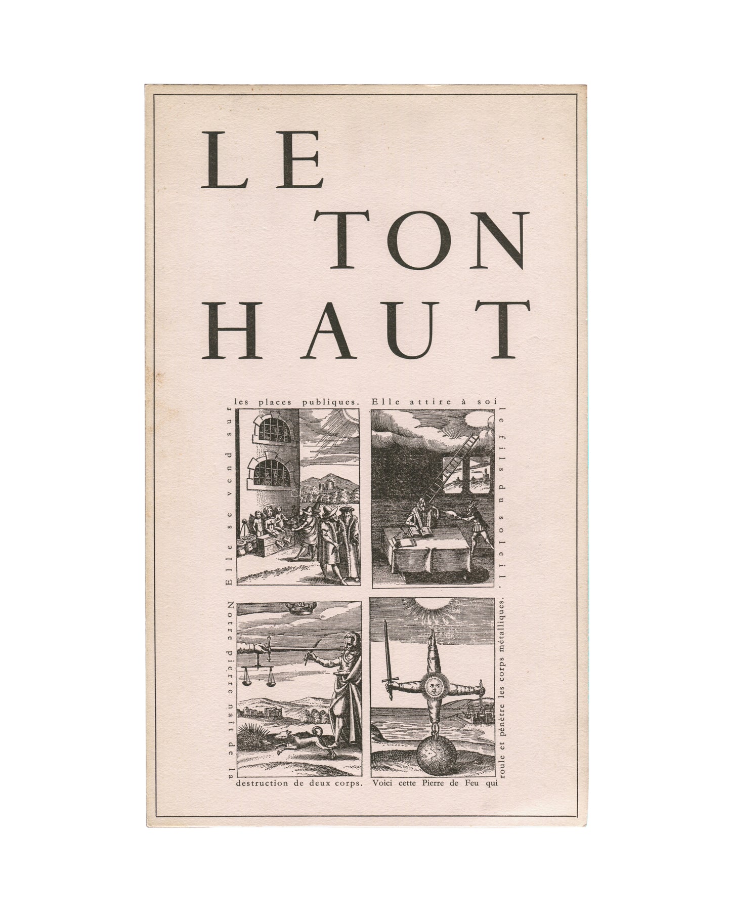 Front Panel, Le Ton Haut, Jorge Camacho, Galerie Mathias Fels, Paris, 1969. Exhibition publication back panel: cream laid paper with a single central black-and-white alchemical emblem — a winged globe surmounted by a triangle and upward arrow, with two horseshoe forms within the sphere. No text. Age toning and handling wear throughout.