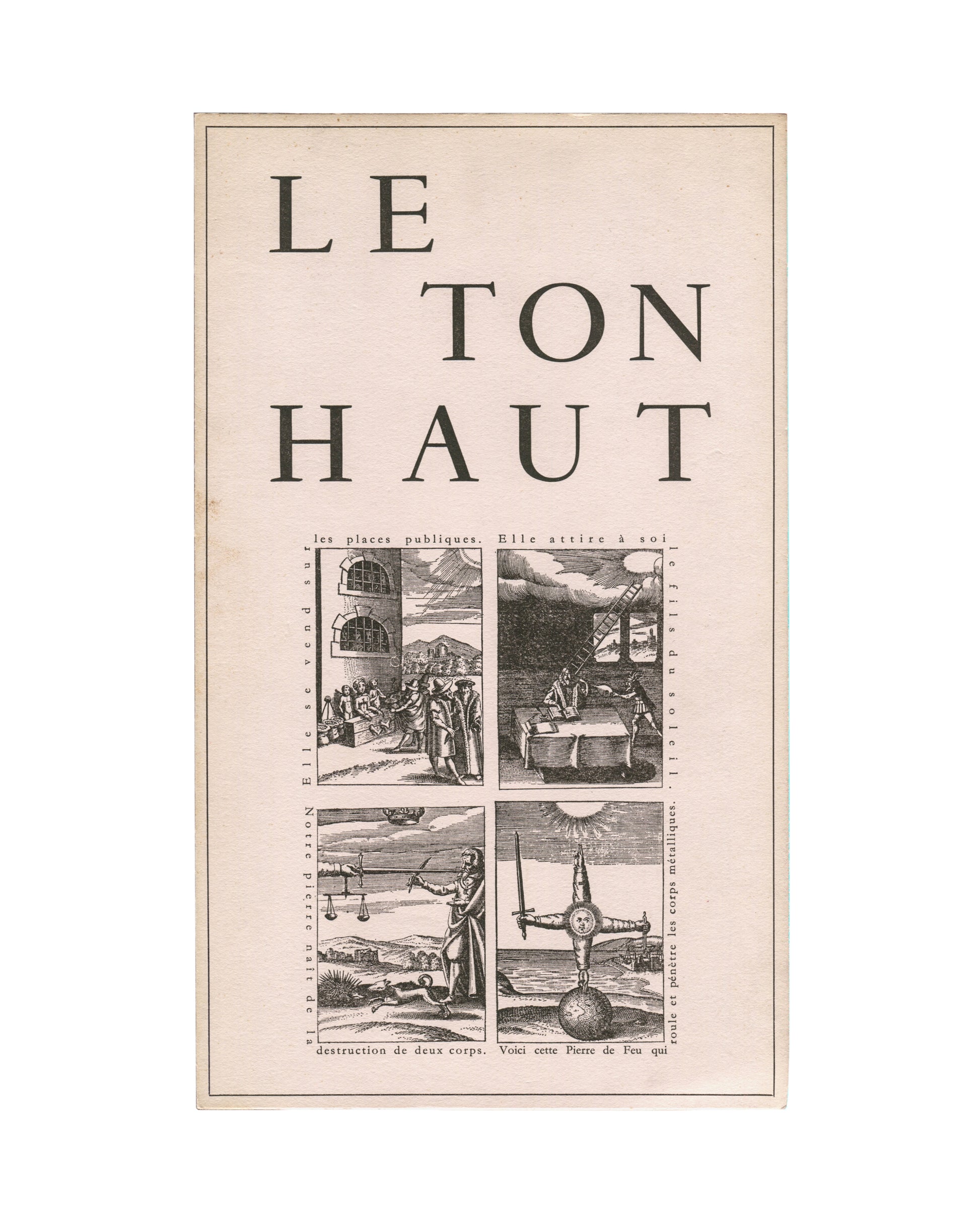 Front Panel, Le Ton Haut, Jorge Camacho, Galerie Mathias Fels, Paris, 1969. Exhibition publication back panel: cream laid paper with a single central black-and-white alchemical emblem — a winged globe surmounted by a triangle and upward arrow, with two horseshoe forms within the sphere. No text. Age toning and handling wear throughout.