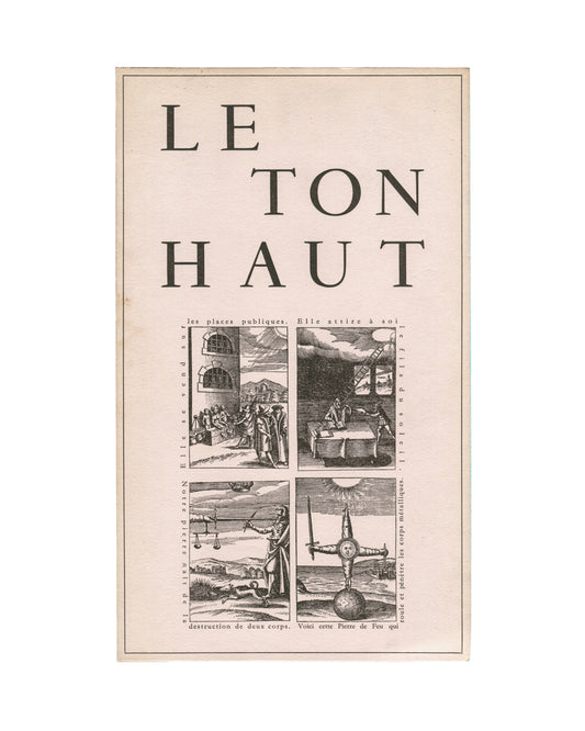 Front Panel, Le Ton Haut, Jorge Camacho, Galerie Mathias Fels, Paris, 1969. Exhibition publication back panel: cream laid paper with a single central black-and-white alchemical emblem — a winged globe surmounted by a triangle and upward arrow, with two horseshoe forms within the sphere. No text. Age toning and handling wear throughout.