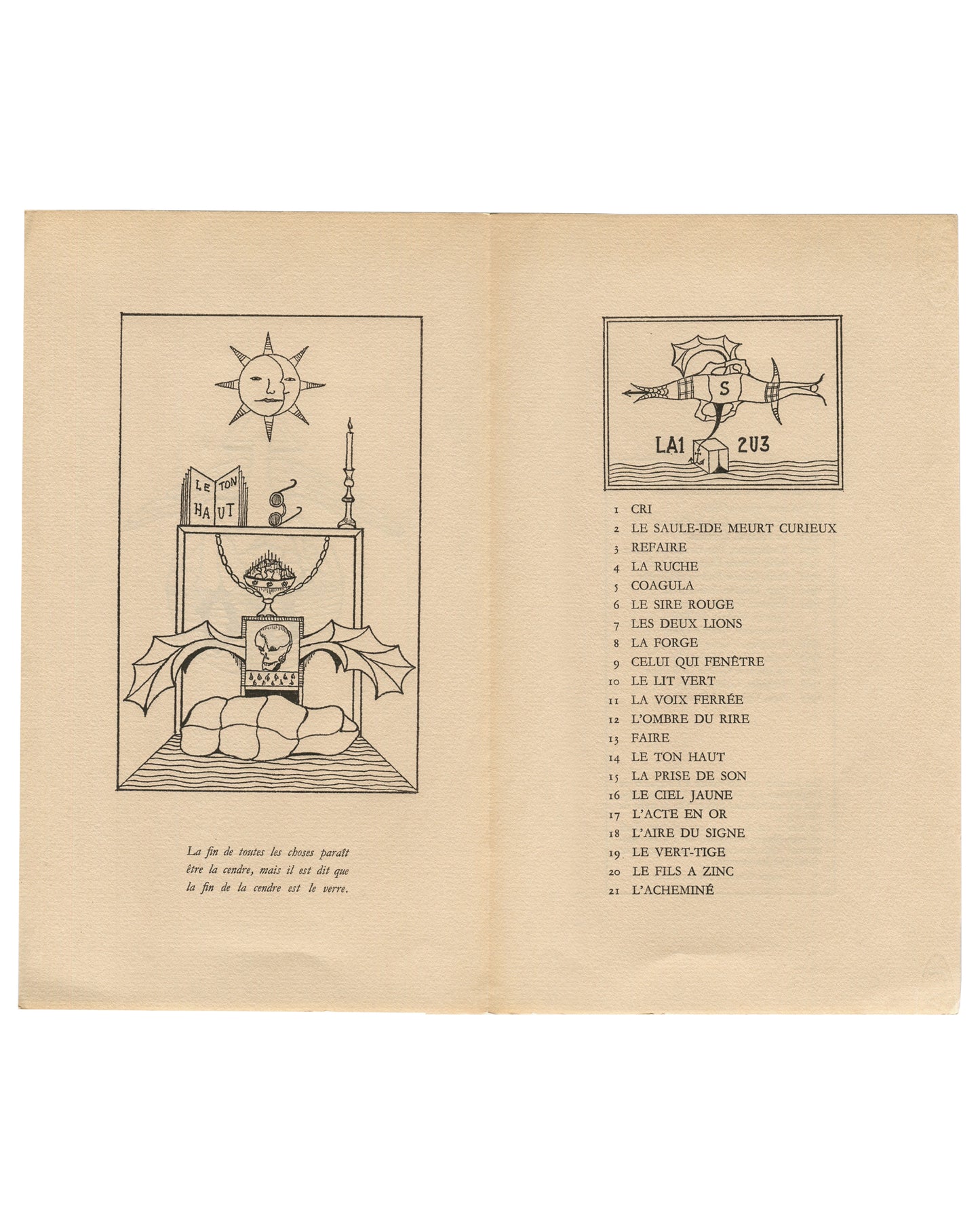 Checklist leaf, open interior Le Ton Haut, Jorge Camacho, Galerie Mathias Fels, Paris, 1969. Separate folded checklist leaf, open interior spread: left page, black-and-white Camacho emblem — a still-life altar with sun, candle, book titled "LE TON HAUT", globe and skull on a draped table, with caption "La fin de toutes les choses paraît être la cendre, mais il est dit que la fin de la cendre est le verre"; right page, small emblem upper right with "LA1 / S / 2U3" and numbered checklist of 21 exhibited works