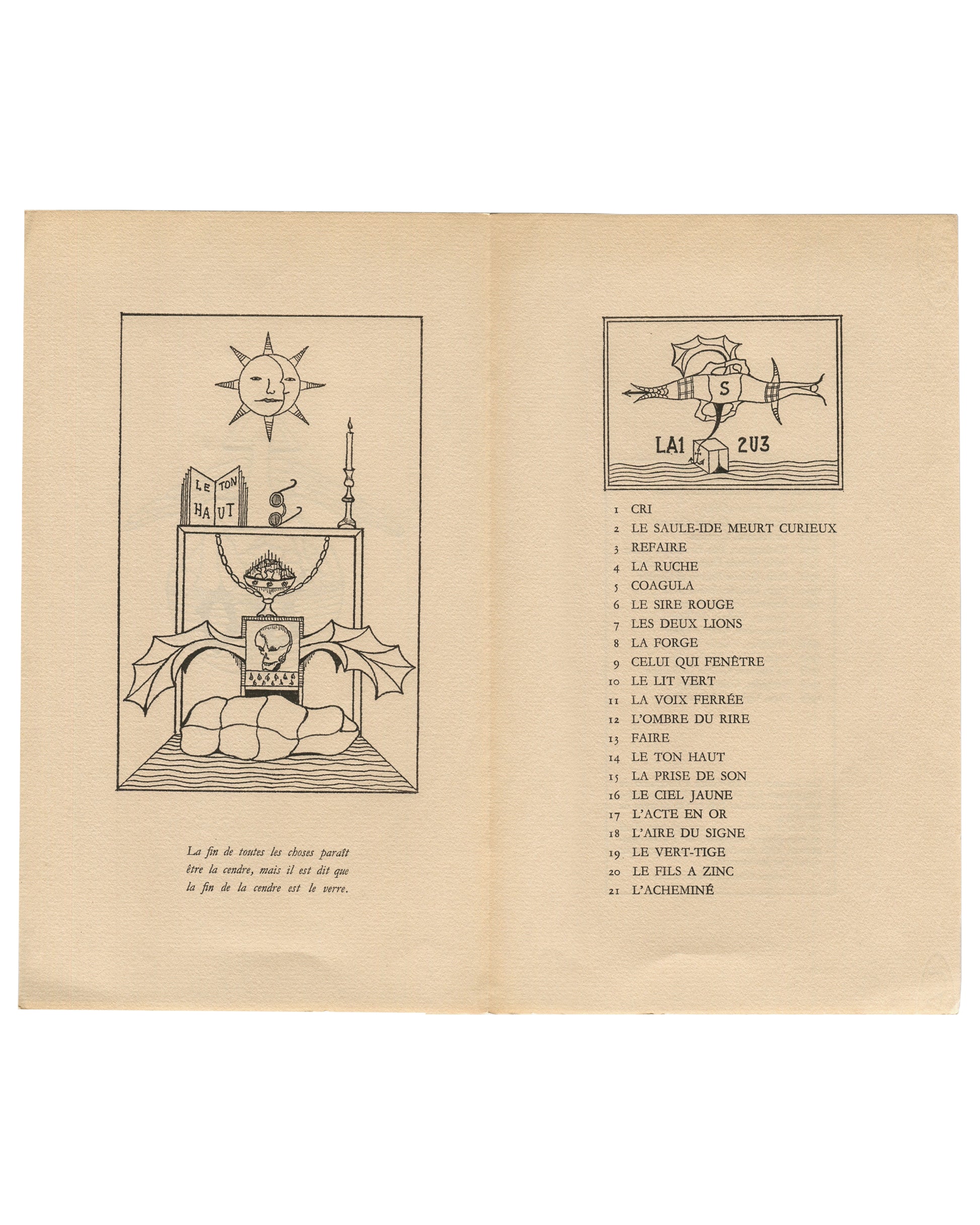 Checklist leaf, open interior Le Ton Haut, Jorge Camacho, Galerie Mathias Fels, Paris, 1969. Separate folded checklist leaf, open interior spread: left page, black-and-white Camacho emblem — a still-life altar with sun, candle, book titled "LE TON HAUT", globe and skull on a draped table, with caption "La fin de toutes les choses paraît être la cendre, mais il est dit que la fin de la cendre est le verre"; right page, small emblem upper right with "LA1 / S / 2U3" and numbered checklist of 21 exhibited works