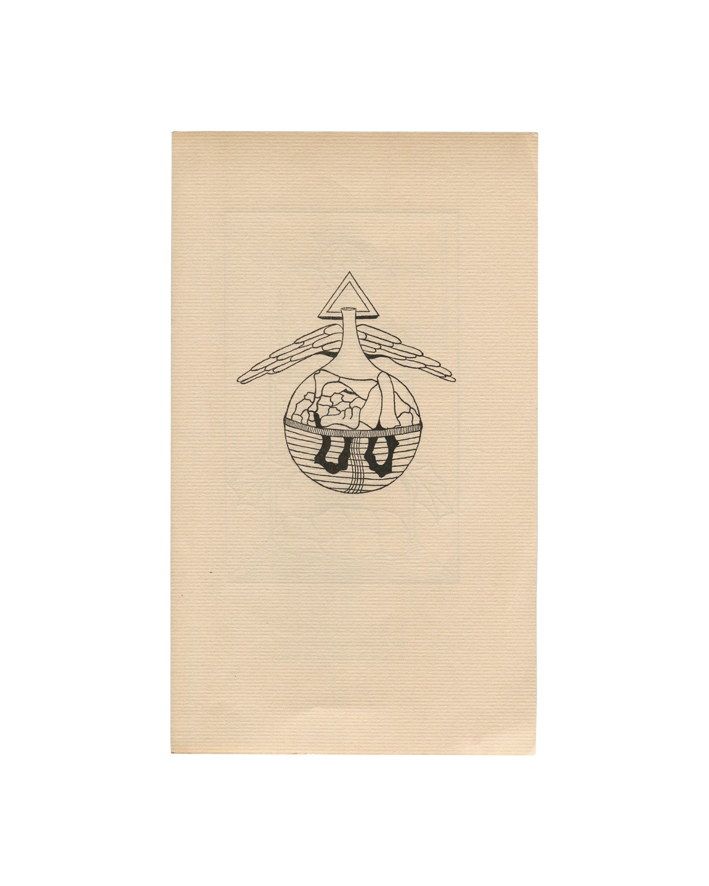 Checklist leaf, front Le Ton Haut, Jorge Camacho, Galerie Mathias Fels & Cie, Paris, 1969. Separate folded checklist leaf, front: cream laid paper with "LE / TON / HAUT" in large spaced black serif capitals upper half; central alchemical emblem of two clasped hands holding a key within a star-and-circle device, crossed by two wheat stalks, with banner reading "PEINTURES RÉCENTES" and padlock below; "MATHIAS FELS & Cie 138 Bd HAUSMANN PARIS VIII" in small black serif type lower centre. Age toning and fold we