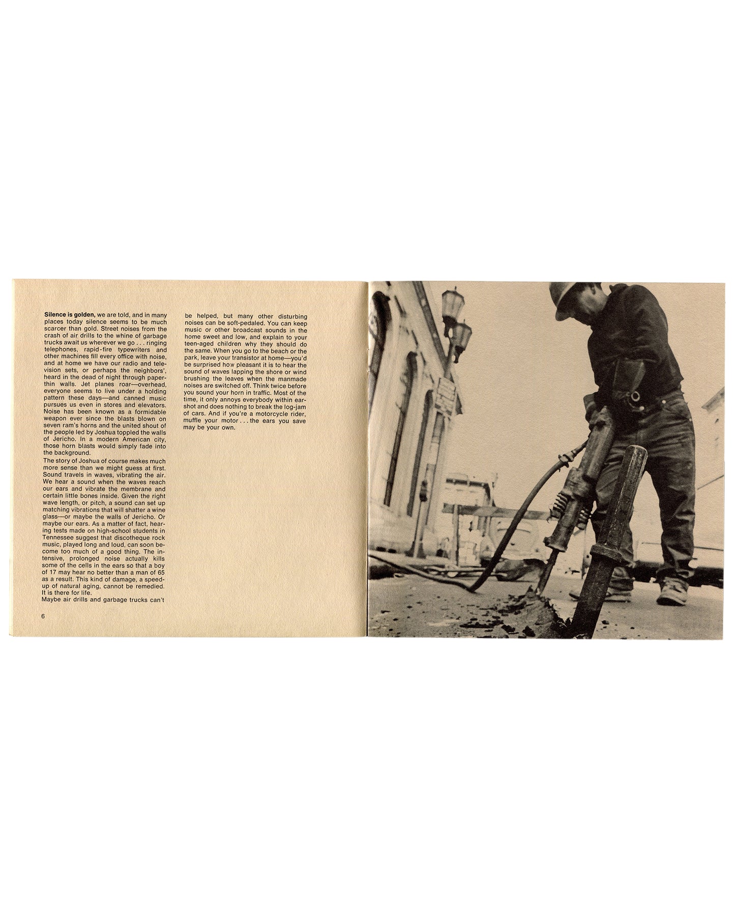Interior spread. Left page showing two-column text beginning 'Silence is golden, we are told' on noise pollution. Right page showing a black-and-white photograph of a worker operating a pneumatic drill on a construction site.
