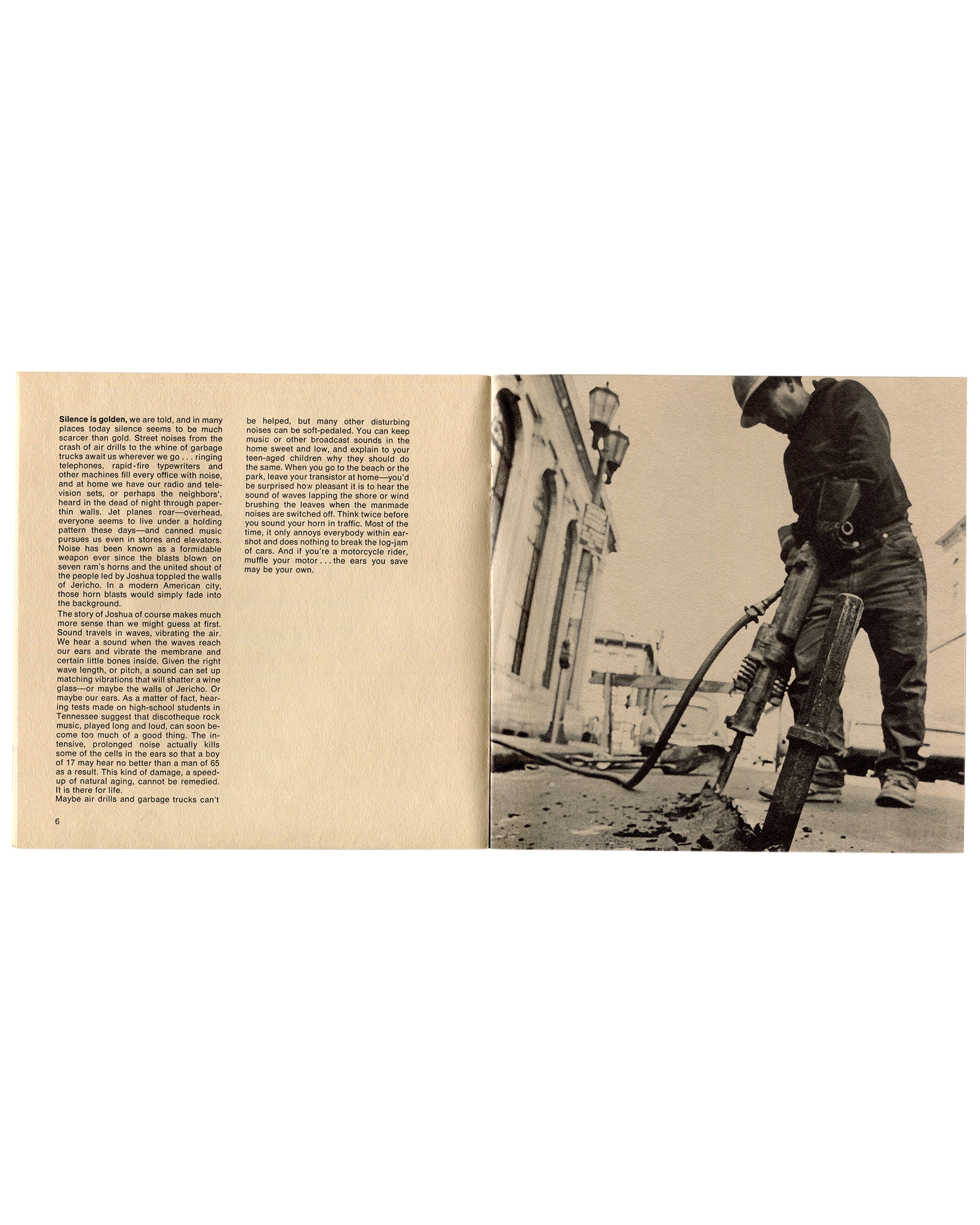 Interior spread. Left page showing two-column text beginning 'Silence is golden, we are told' on noise pollution. Right page showing a black-and-white photograph of a worker operating a pneumatic drill on a construction site.