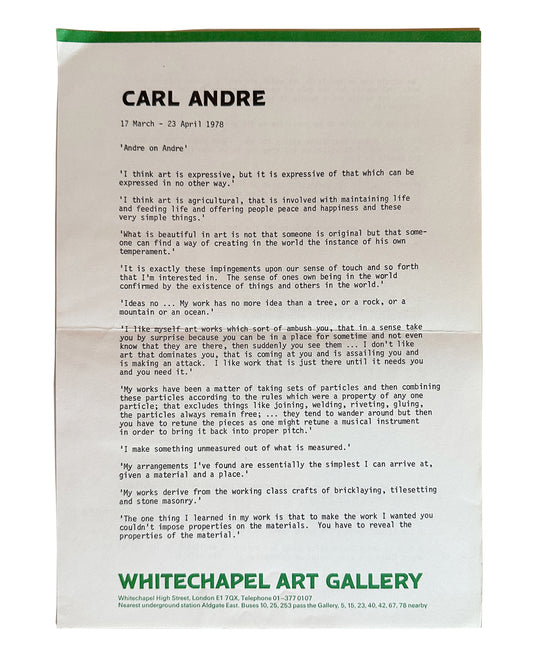 Text document with Carl Andre's name and a quote, featuring Whitechapel Art Gallery branding.