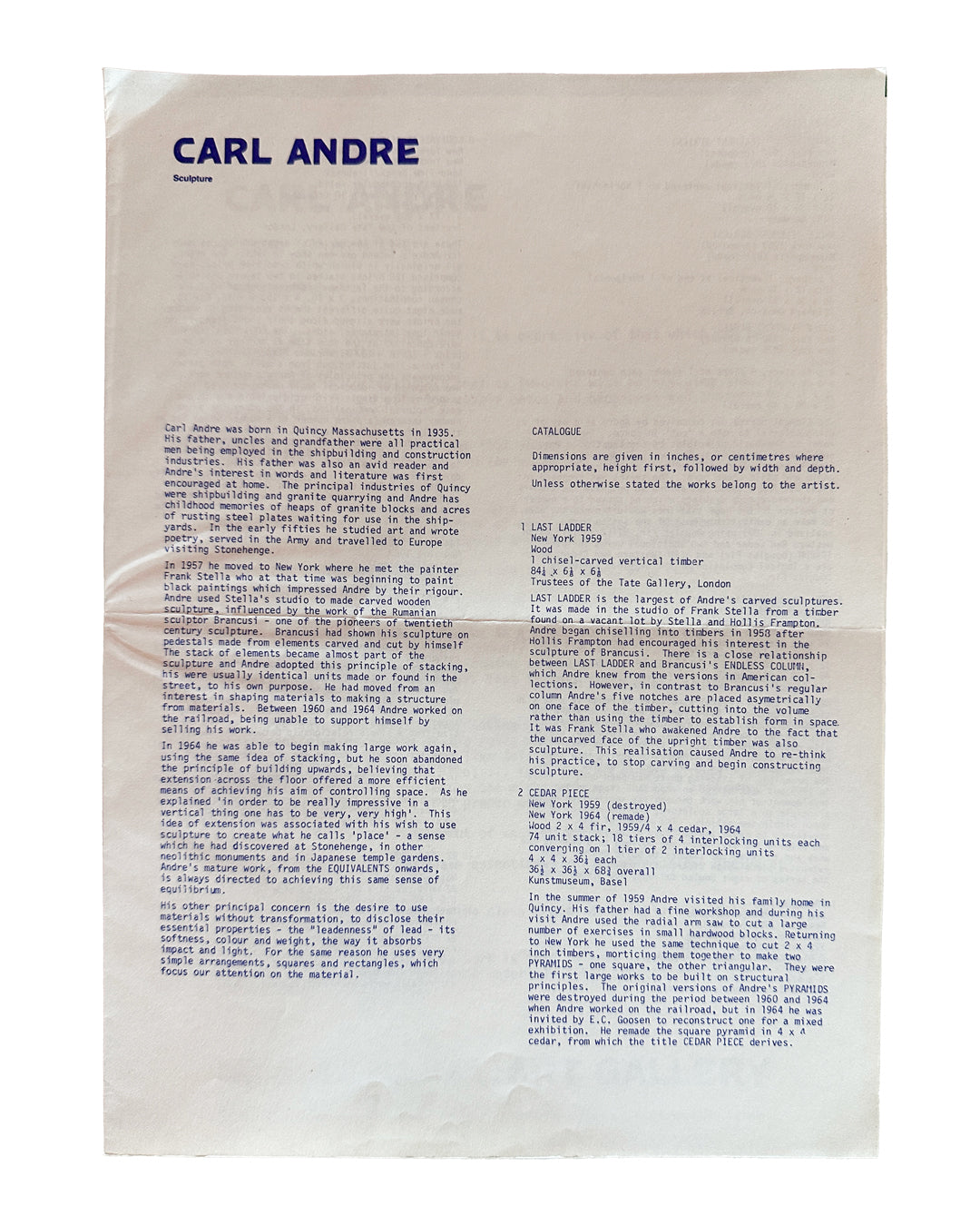 Text document with 'Carl Andre' at the top on a beige background