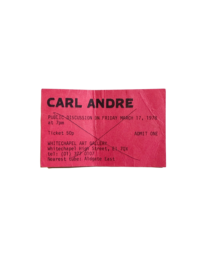 Pink ticket with black text for a Carl Andre event at Whitechapel Art Gallery on a white background