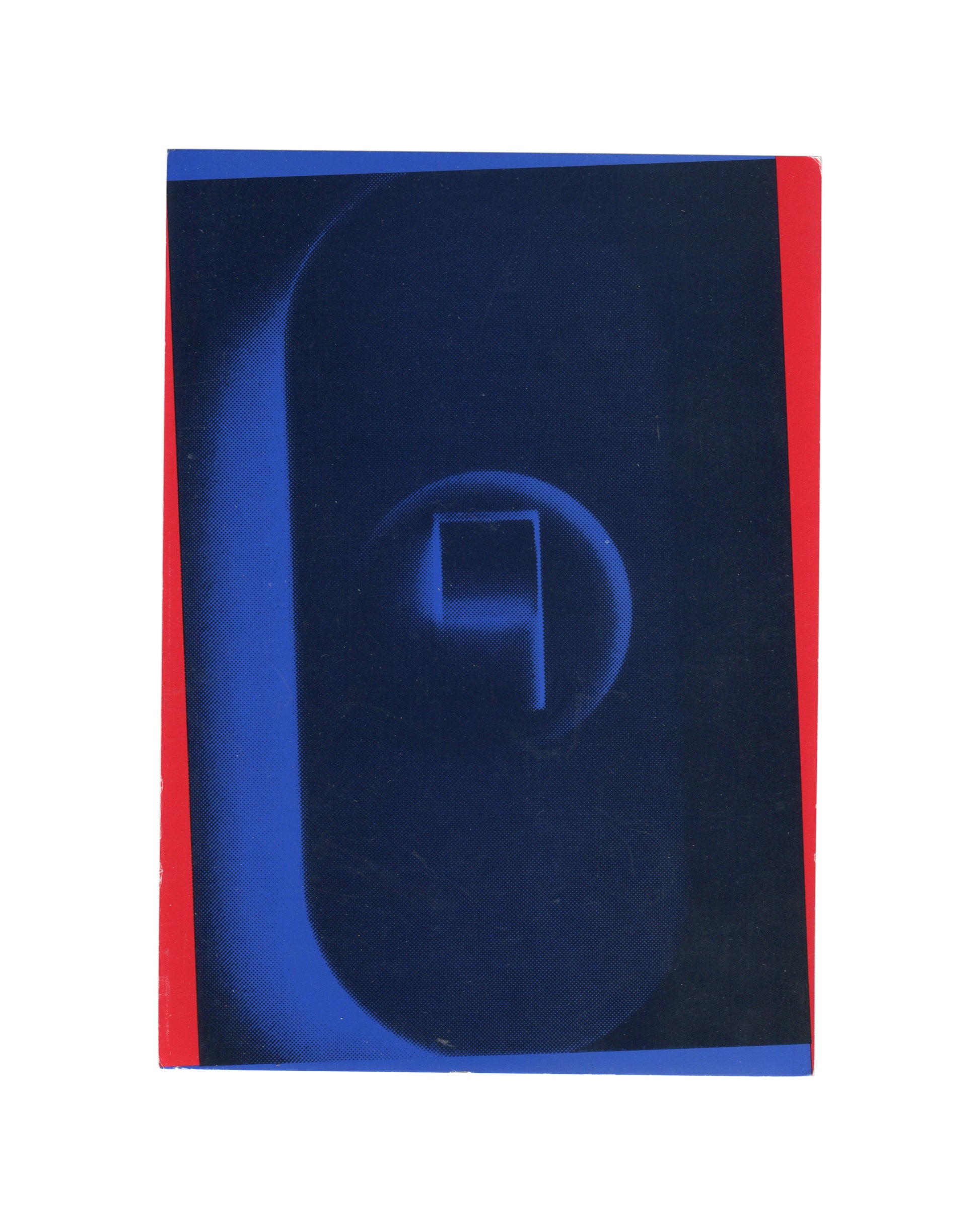 Front cover of the 1985 Achille Castiglioni exhibition invitation, featuring a bold blue and black graphic image with red side borders for *du design au ready-made* at Centre Georges Pompidou.