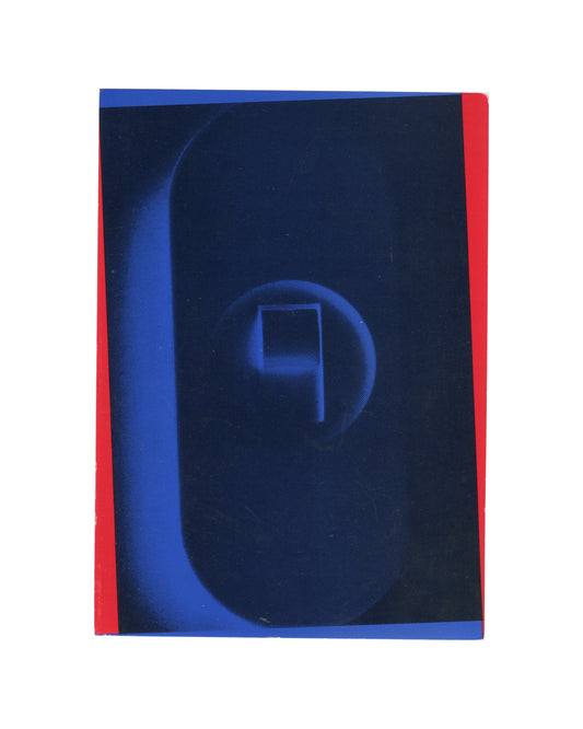 Front cover of the 1985 Achille Castiglioni exhibition invitation, featuring a bold blue and black graphic image with red side borders for *du design au ready-made* at Centre Georges Pompidou.