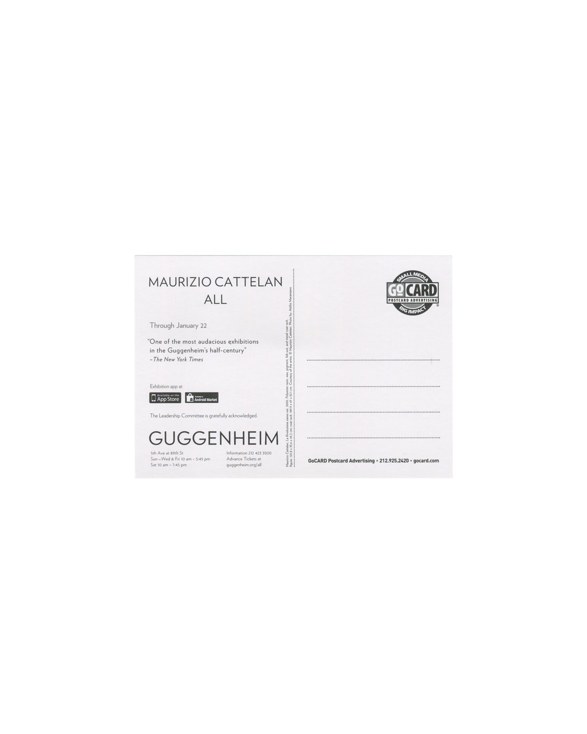 Maurizio Cattelan All, Guggenheim, through January 22, GoCard postcard format, postal field
