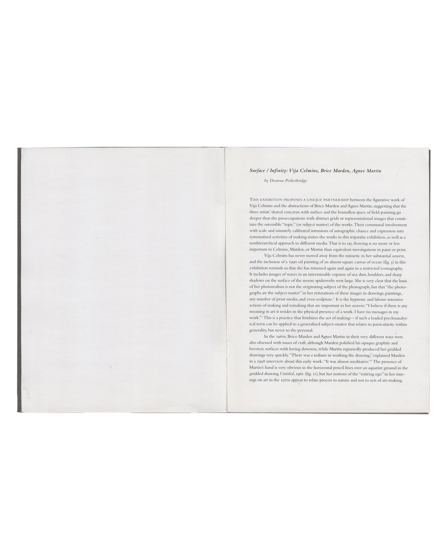 Surface / Infinity: Vija Celmins, Brice Marden, Agnes Martin ribbed grey textured card, Essay by Deanna Petherbridge