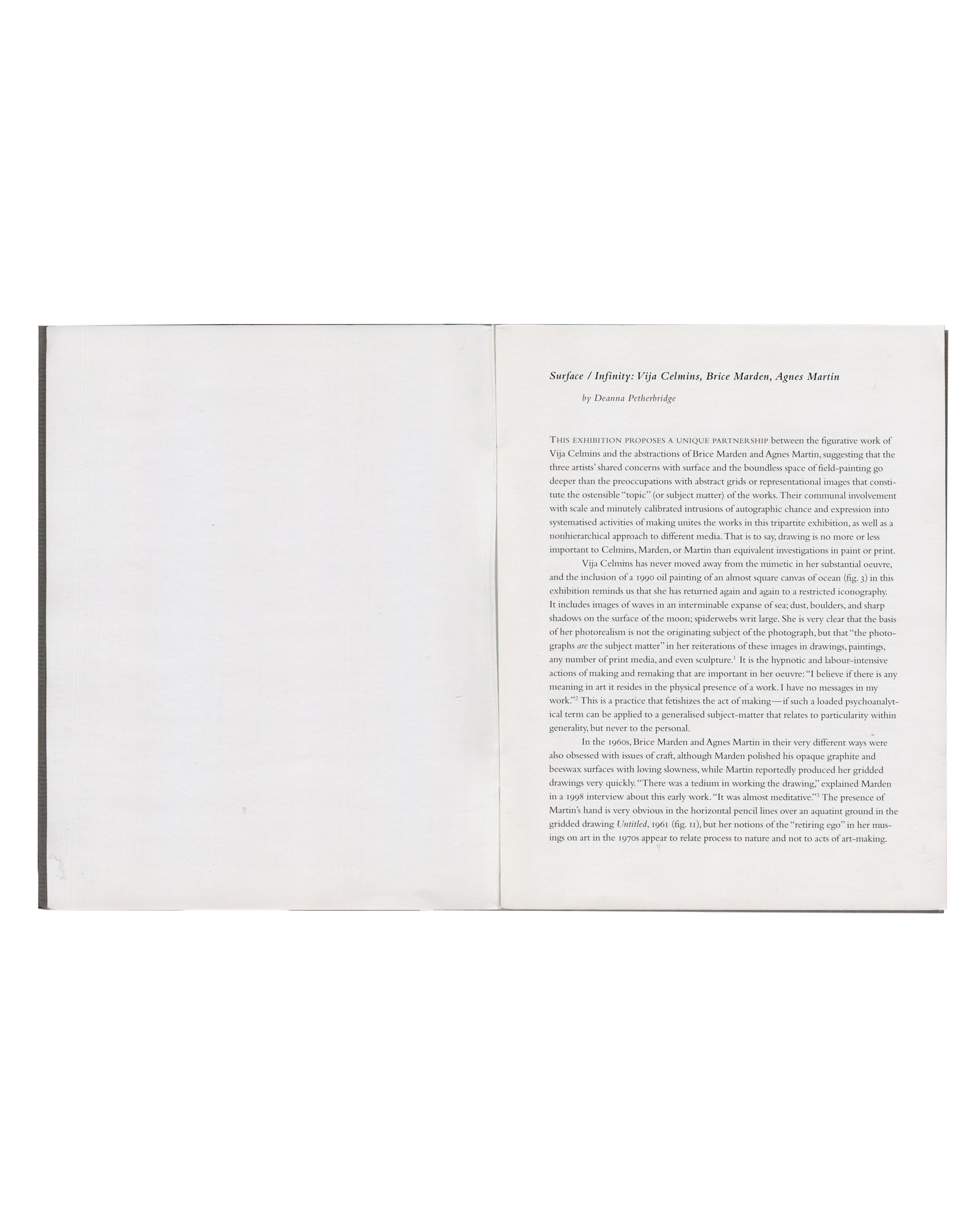 Surface / Infinity: Vija Celmins, Brice Marden, Agnes Martin ribbed grey textured card, Essay by Deanna Petherbridge