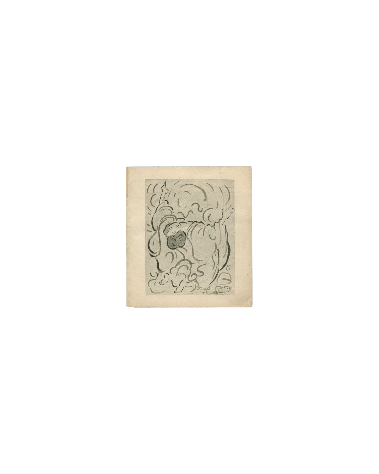 Cover Maurice Chabas, Les Grandes Visions, Galerie Devambez, Paris, 1922. Invitation cover: cream paper; reproduced drawing in grey-green ink — swirling curvilinear forms suggesting clouds or cosmic energy; small female face with closed eyes at centre left, partially obscured by flowing forms; artist's signature lower right. Age toning, edge wear.